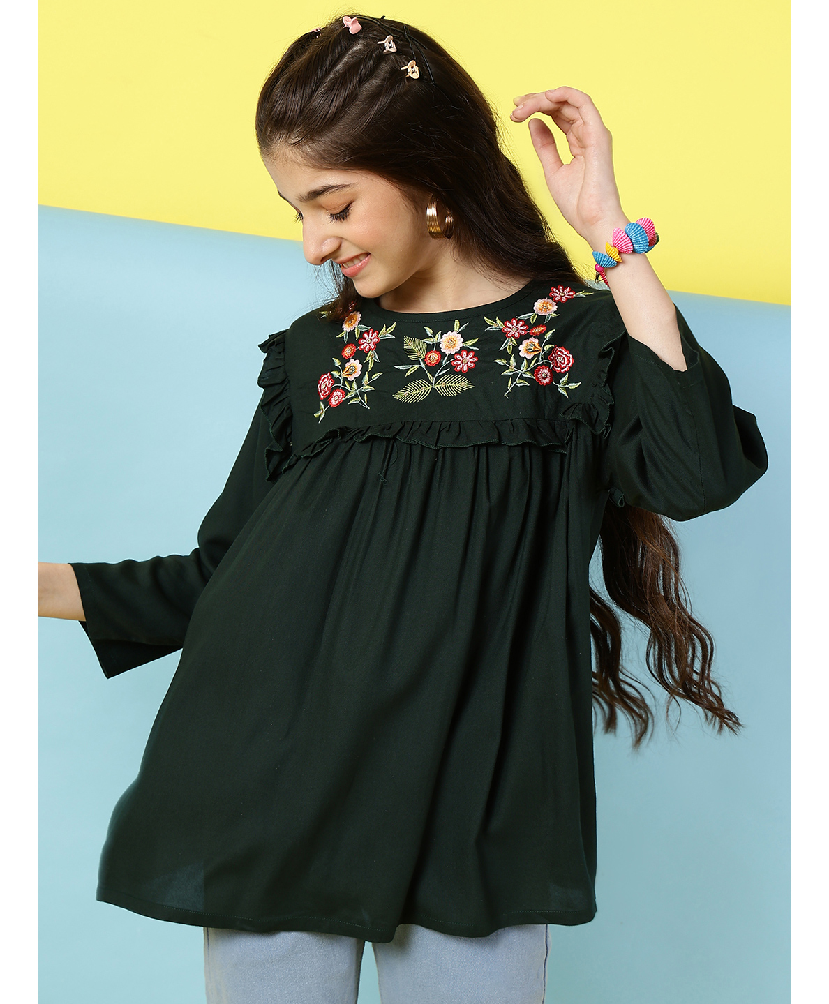 ISHTI Three Fourth Sleeves Frill Detailed Floral Embroidered Top - Bottle Green-picture-12