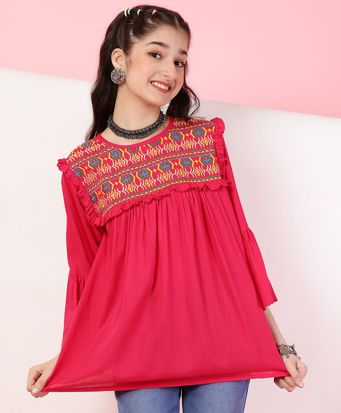 ISHTI Three Fourth Sleeves Frill Detailed Abstract Embroidered Top - Pink-picture-15