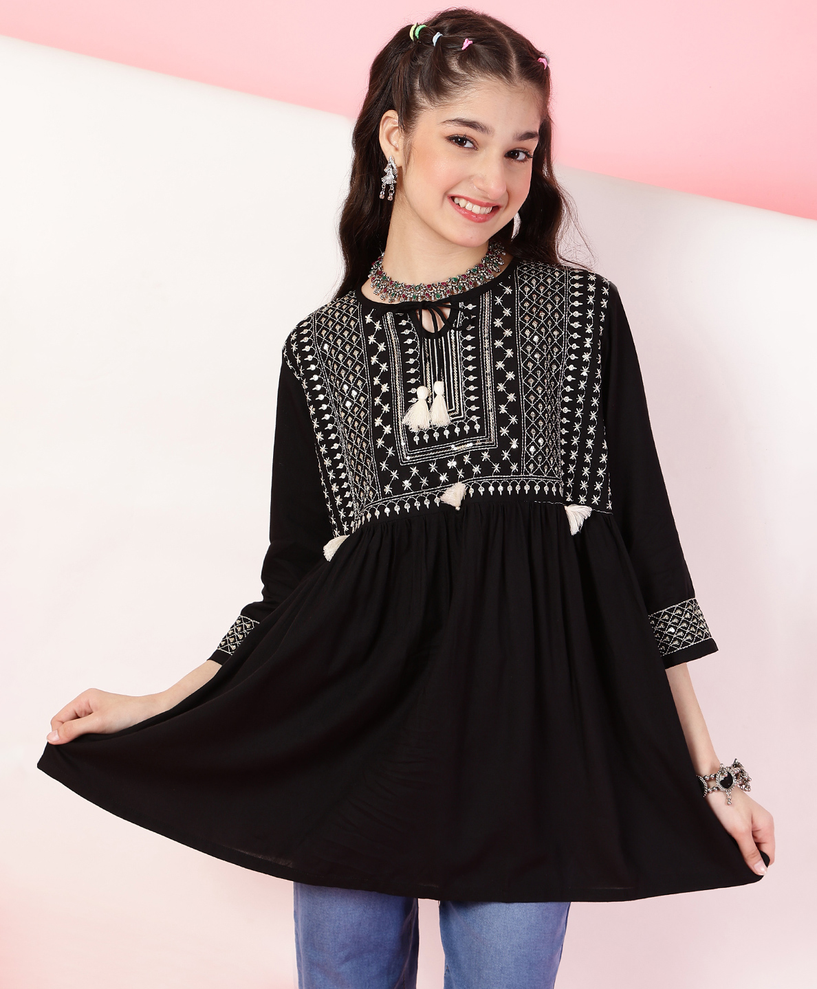 ISHTI Three Fourth Sleeves Sequin Embellished & Embroidered Top - Black-picture-14