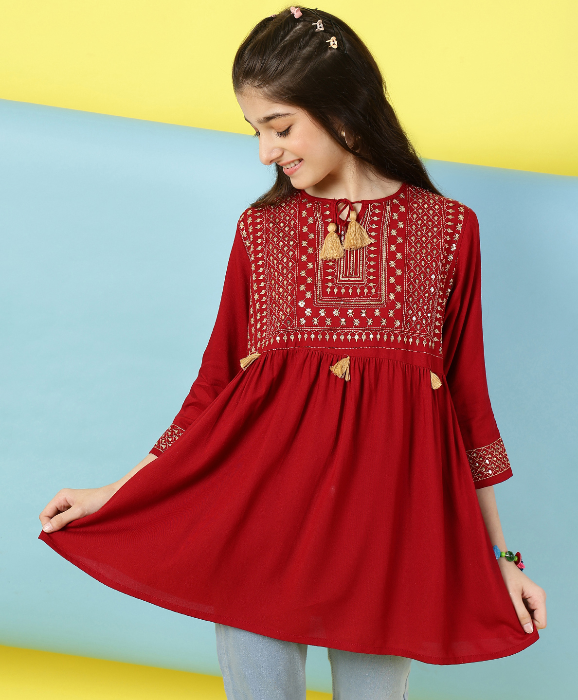 ISHTI Three Fourth Sleeves Sequin Embellished & Embroidered Top - Maroon-picture-15