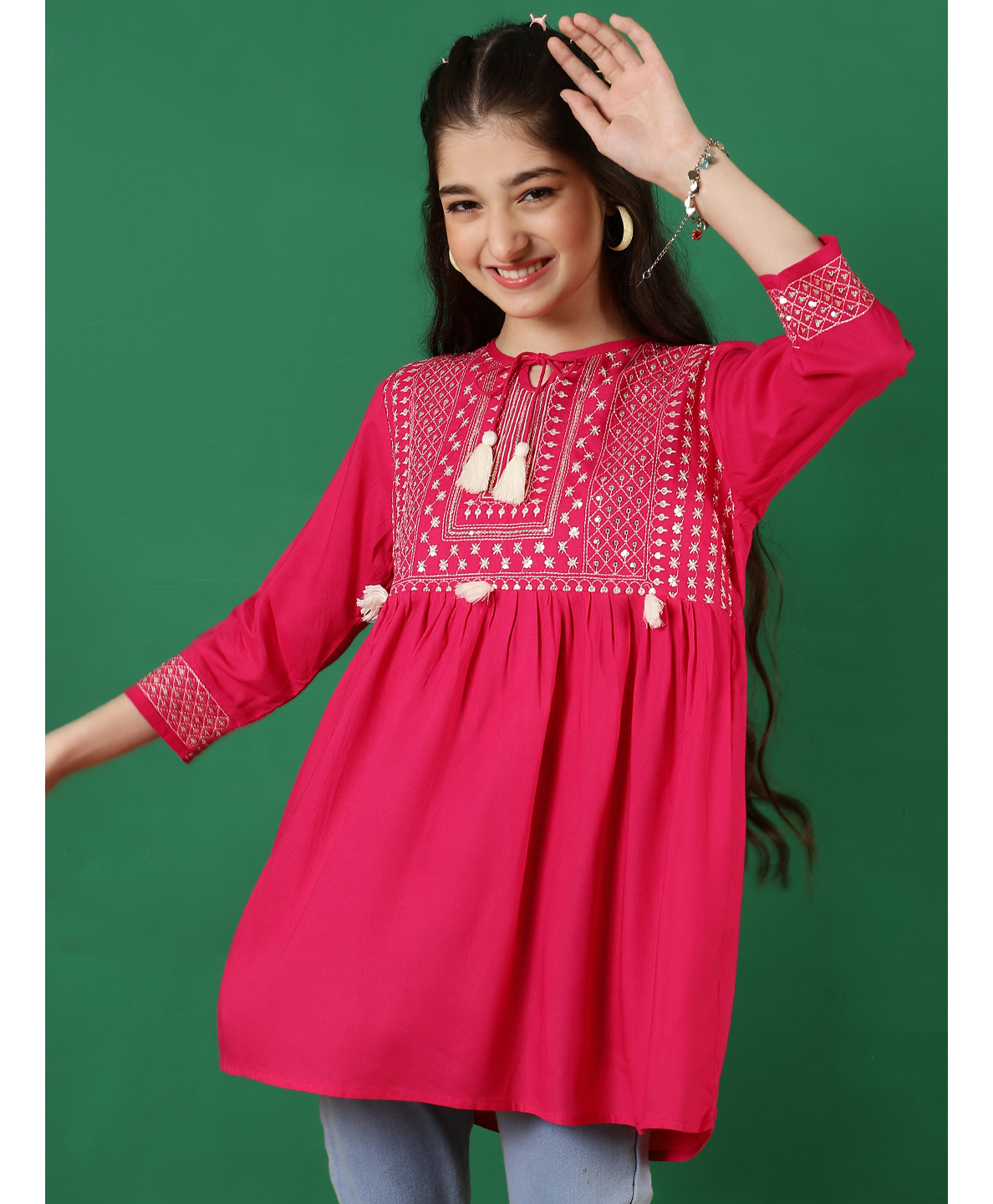 ISHTI Three Fourth Sleeves Sequin Embellished & Embroidered Top - Pink-picture-27