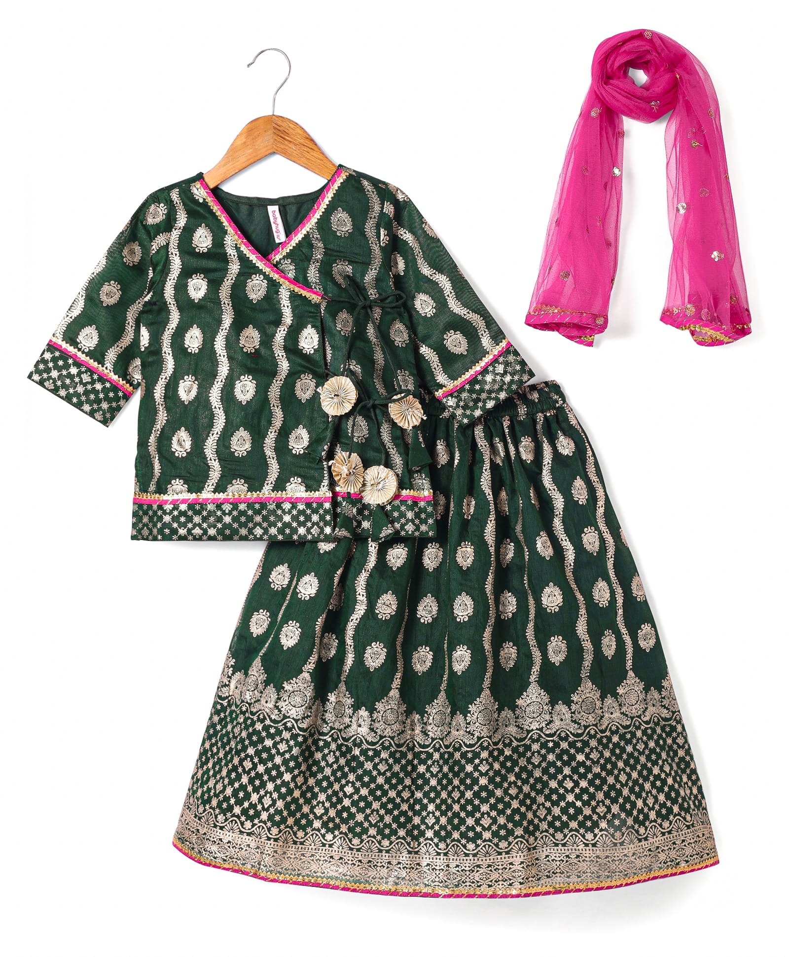 Babyhug Brocade Woven Three Fourth Sleeves Printed Choli Lehenga & Dupatta Set with Sequin Detailing - Dark Green-image-8