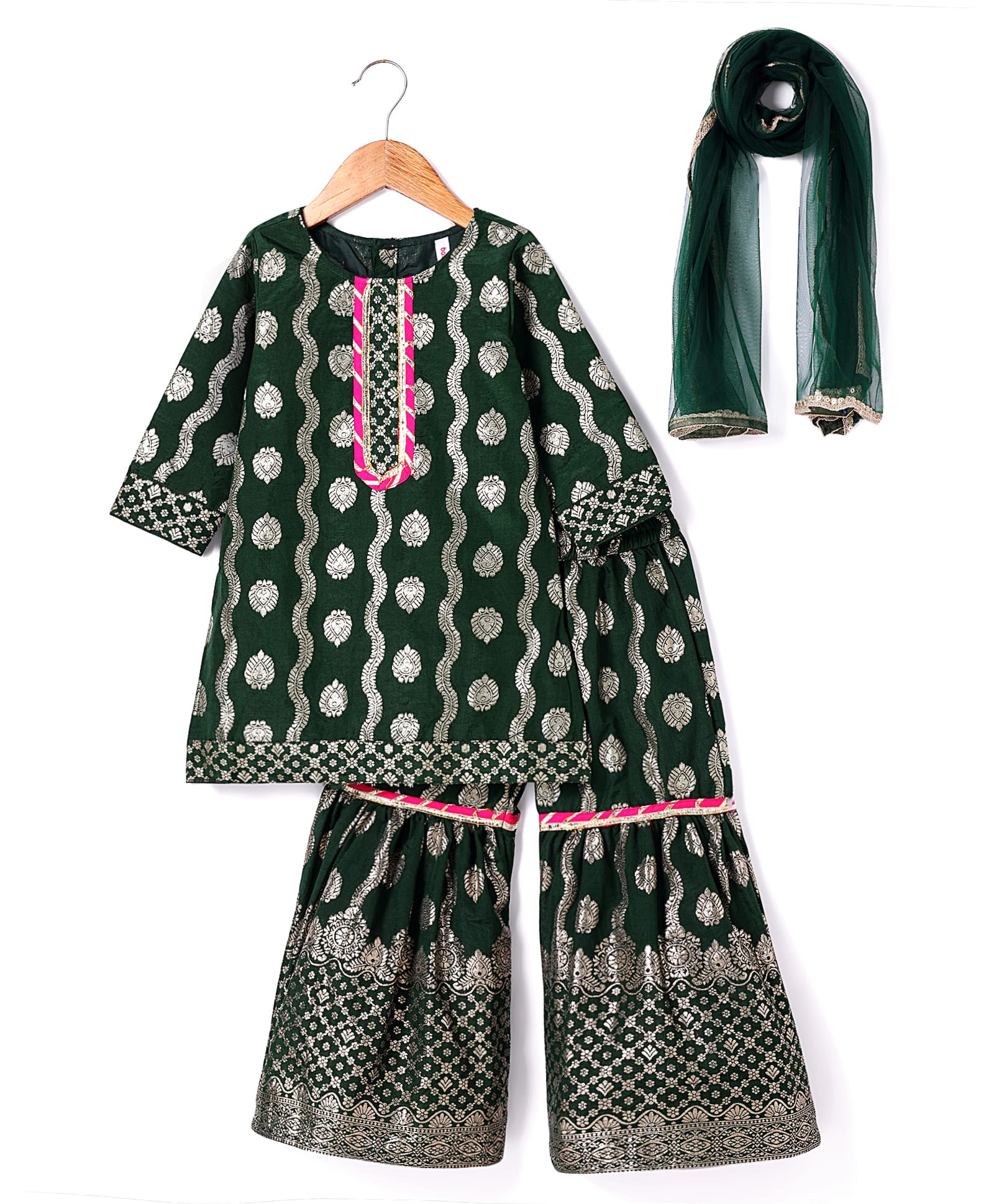 Babyhug Woven Three Fourth Sleeves Brocade Kurti Gharara & Dupatta Set with Lace Detailing - Dark Green-image-46