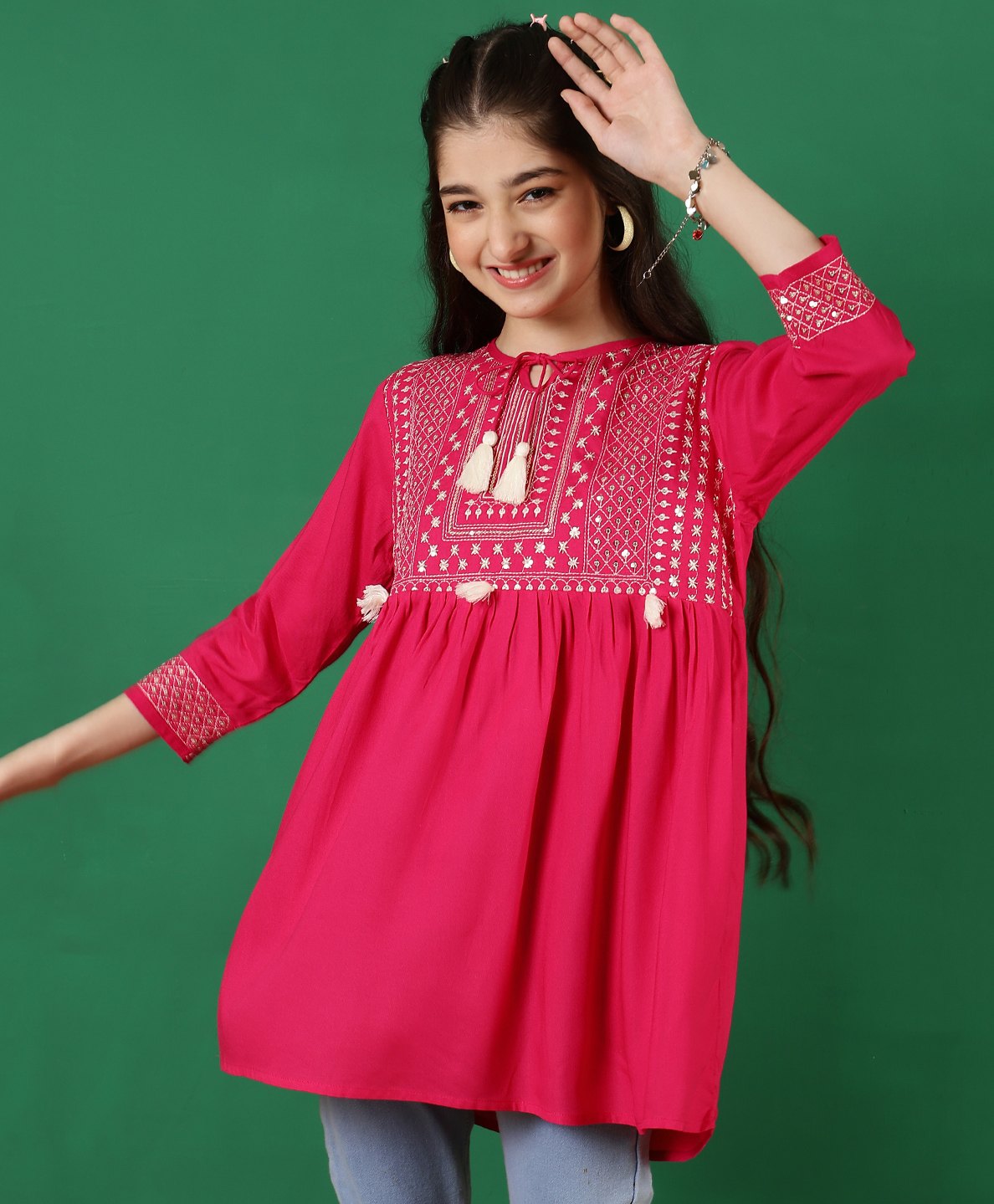 ISHTI Rayon Full Sleeves Sequins & Tassel Embellished Frock Style Top - Pink-picture-11