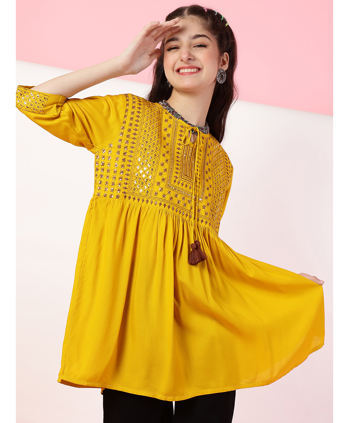 ISHTI Rayon Full Sleeves Sequins & Tassel Embellished Frock Style Top - Yellow-image-48
