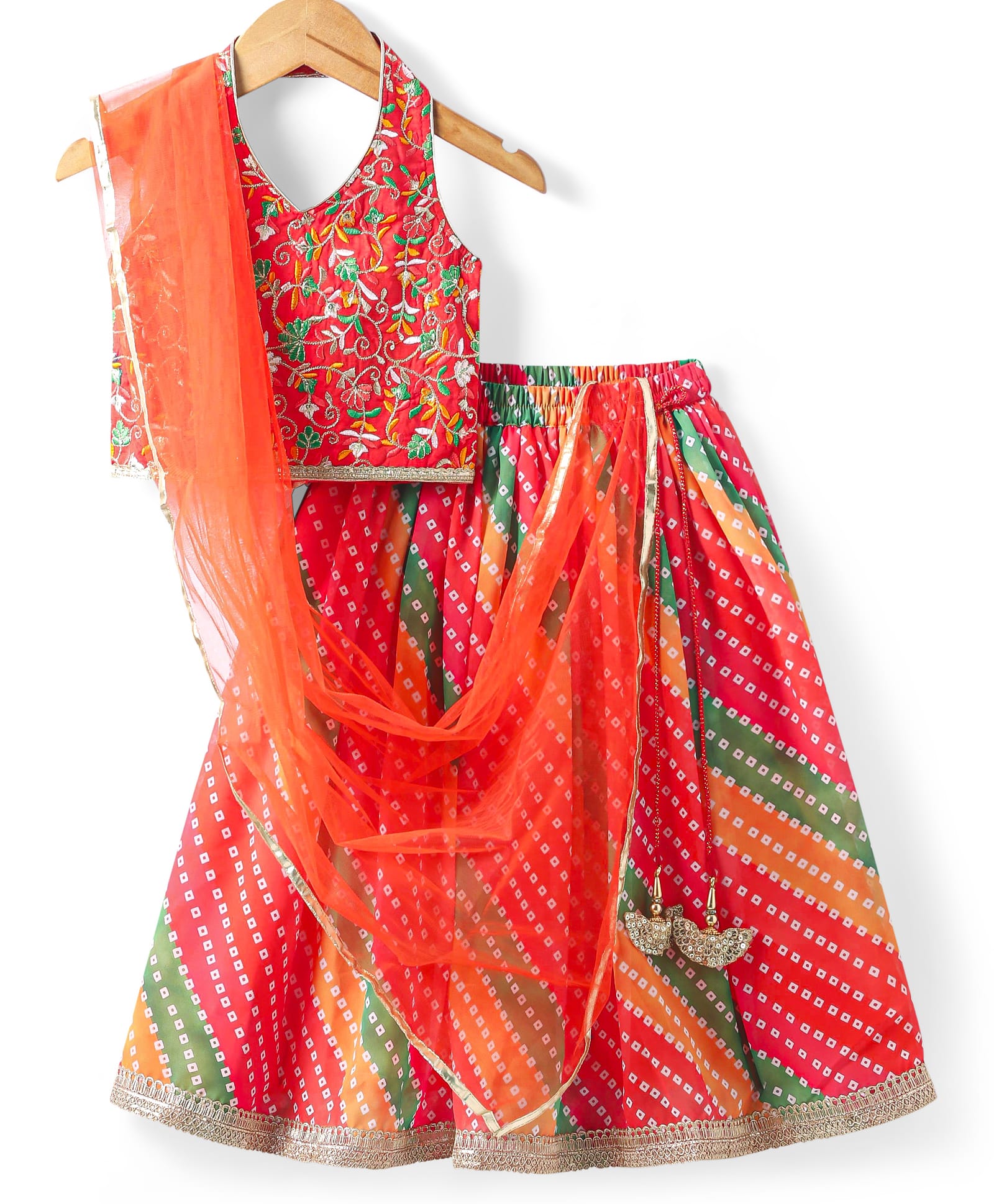 Babyhug Woven Sleeveless Floral Embroidered Choli Lehenga & Dupatta Set with Bandhani Print & Tassle Detailing - Red