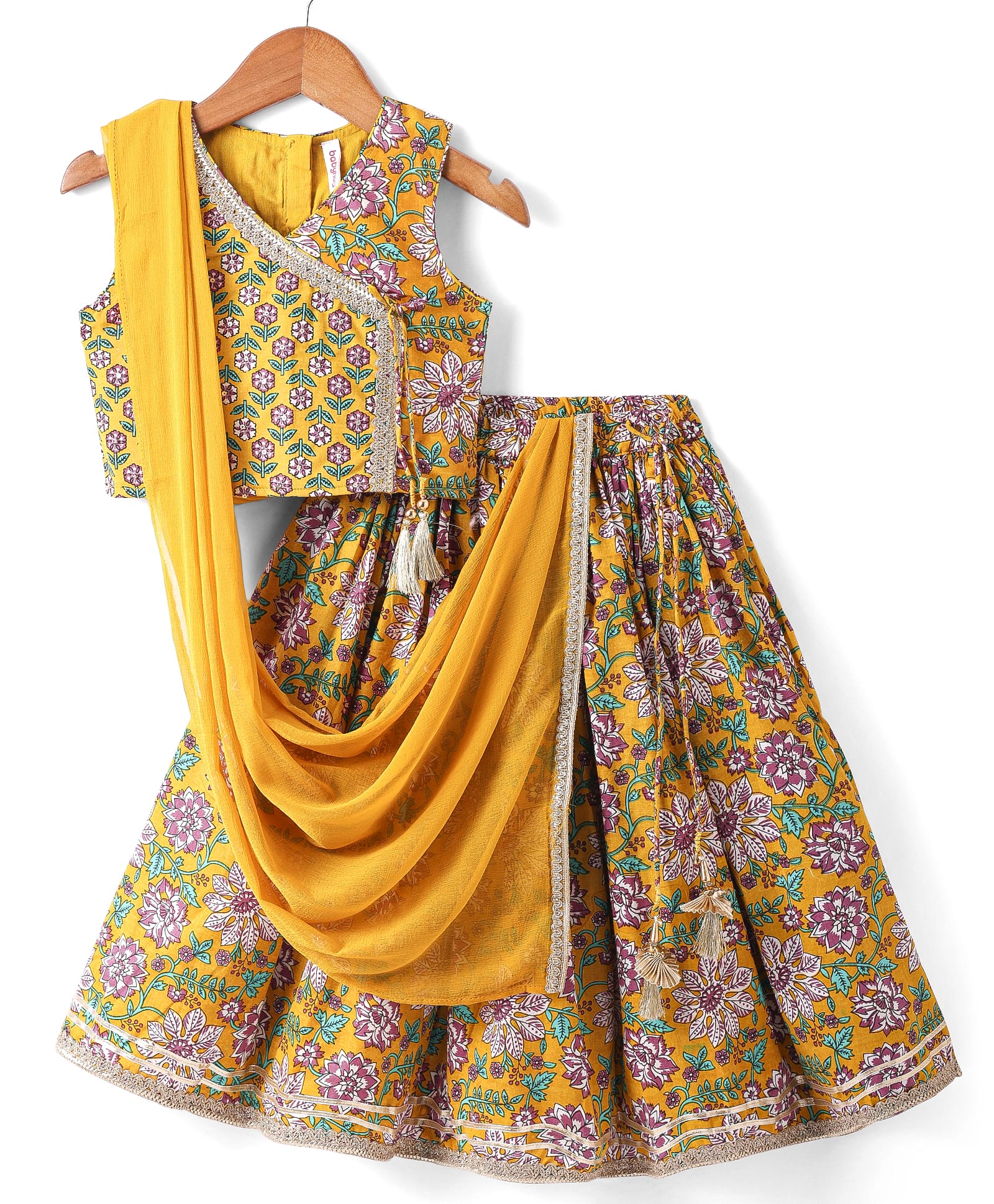 Babyhug Woven Sleeveless Floral Printed & Lace Detailing Lehenga Choli Set With Dupatta - Yellow-image-19