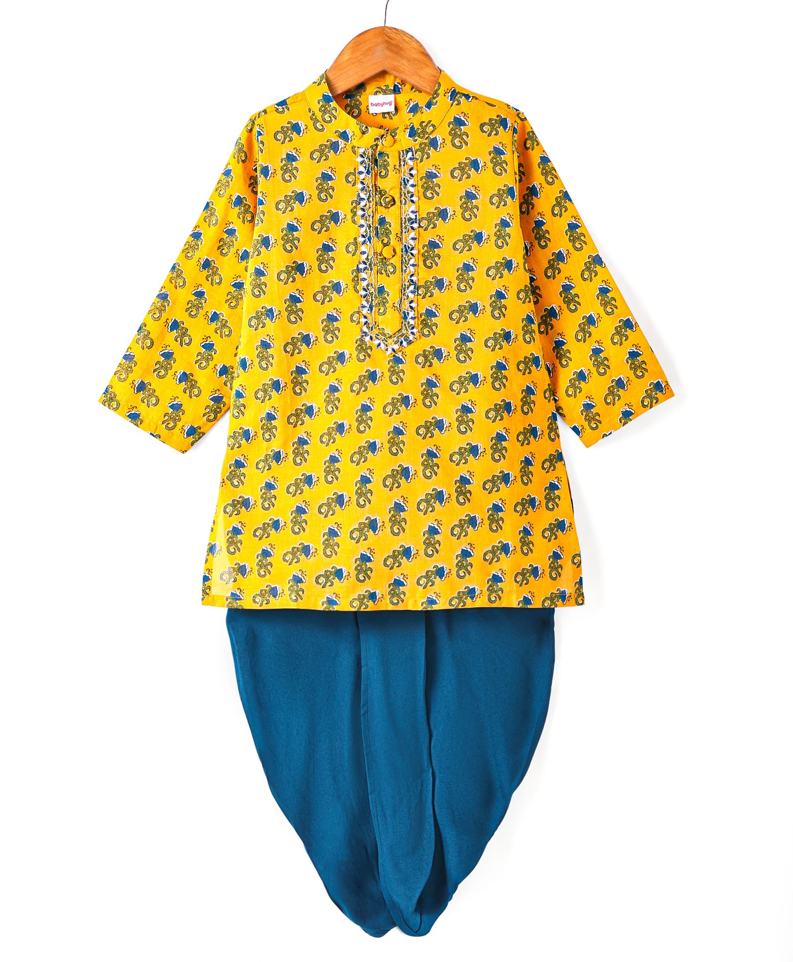 Babyhug Cambric Woven Full Sleeves Floral Printed Kurta Dhoti Set - Mustard & Blue-picture-29