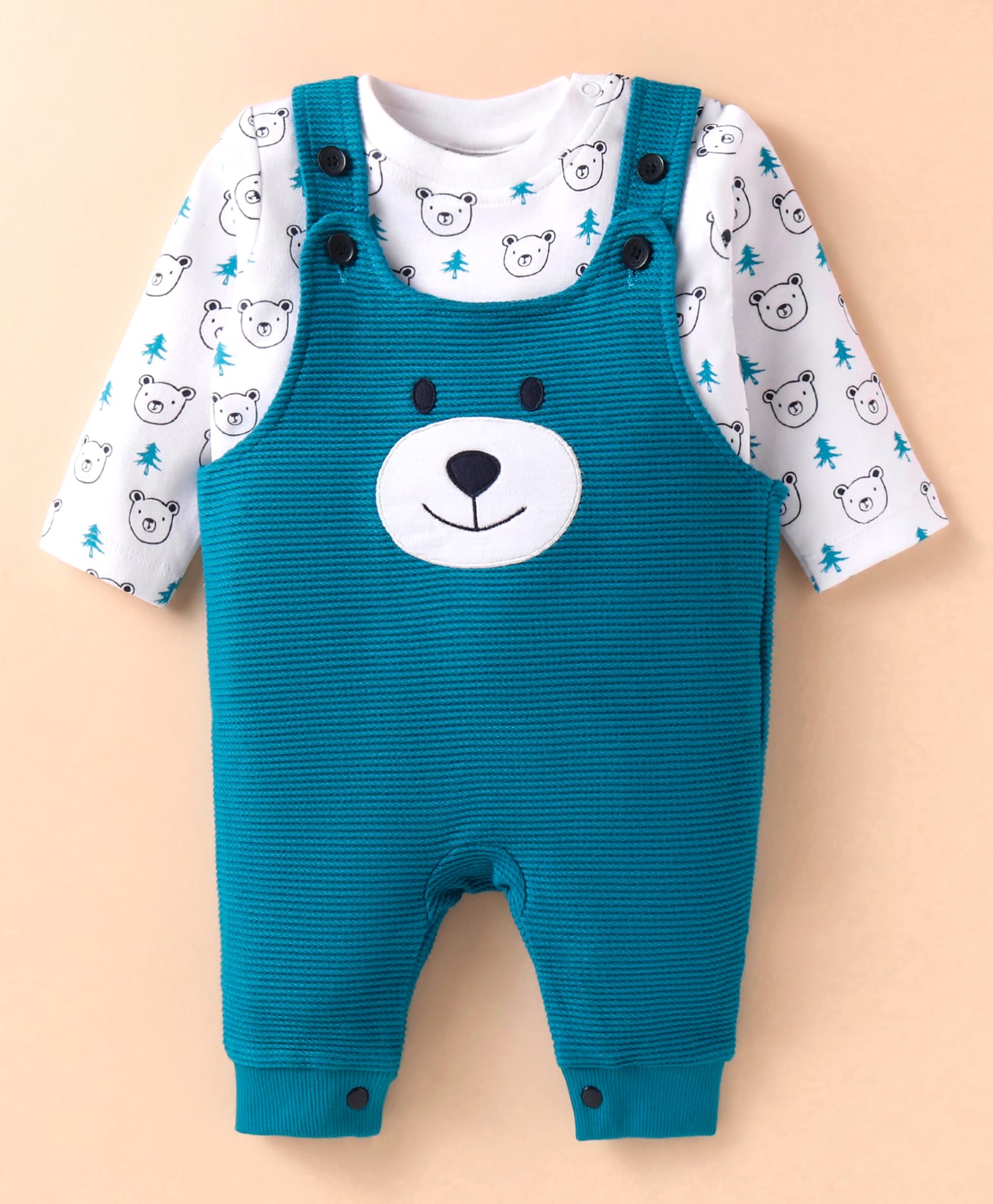 Wonderchild Teddy Bear Patch Embroidered Ribbed Romper With Full Sleeves Tee - Dull White & Green-image-14