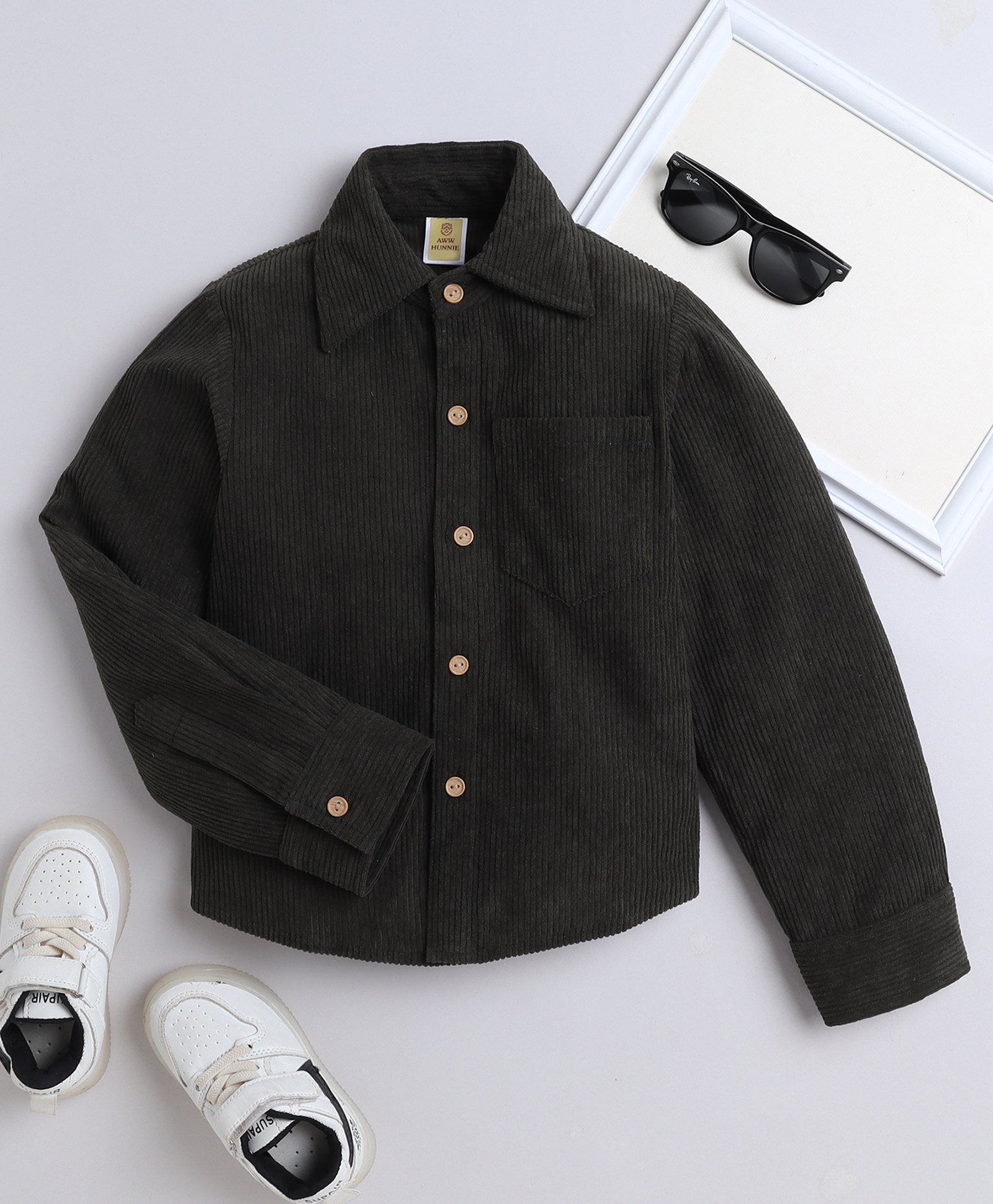 Aww Hunnie Corduroy Full Sleeves Solid Shirt - Green-image-19