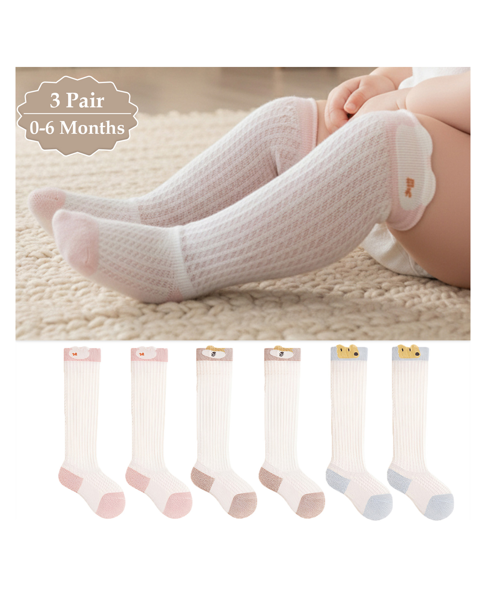 SYGA Set Of 3 Cotton Printed Socks -Pink & Khaki & Blue-image-4