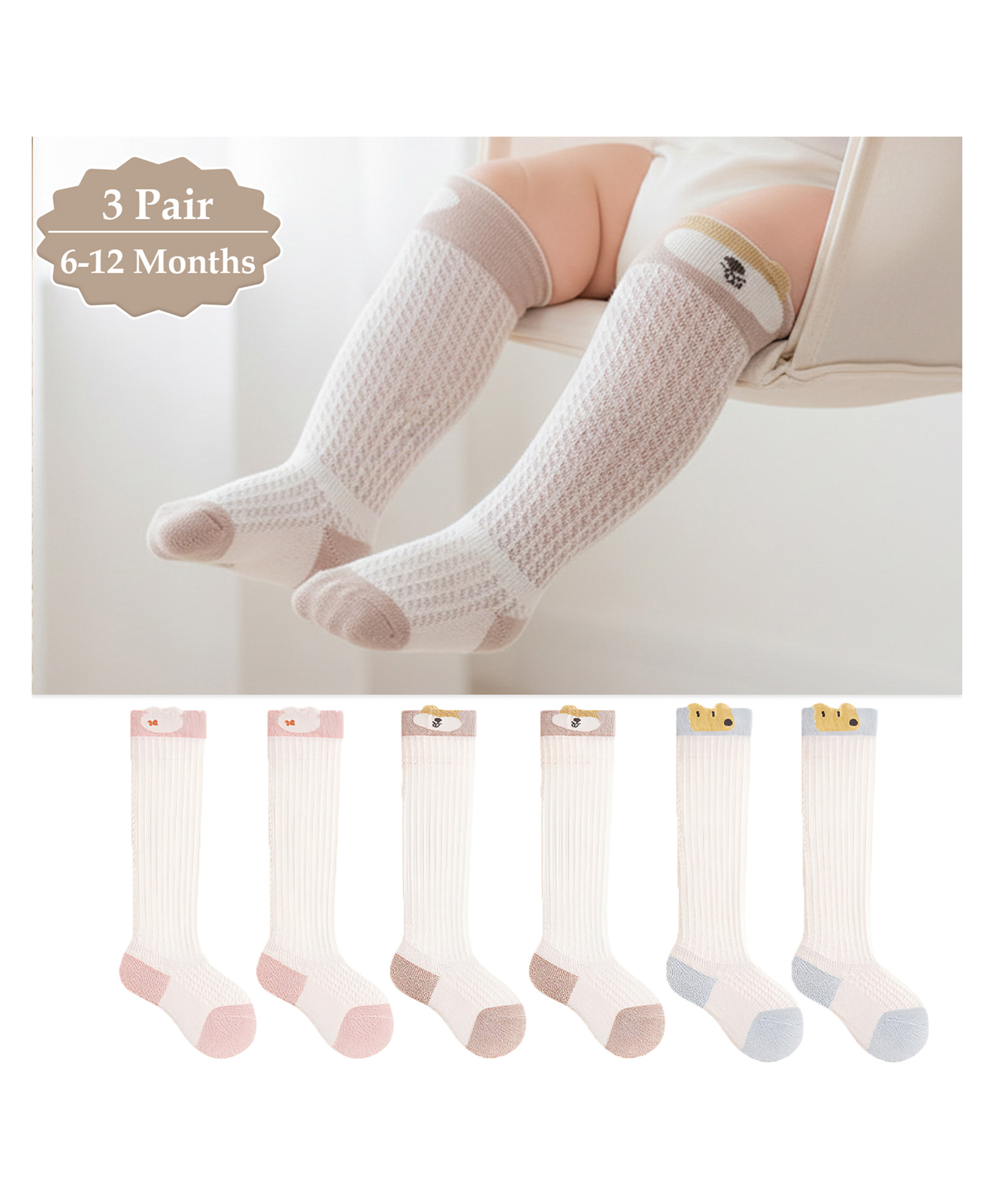 SYGA Set Of 3 Cotton Printed Socks - Pink & Khaki & Blue-image-26