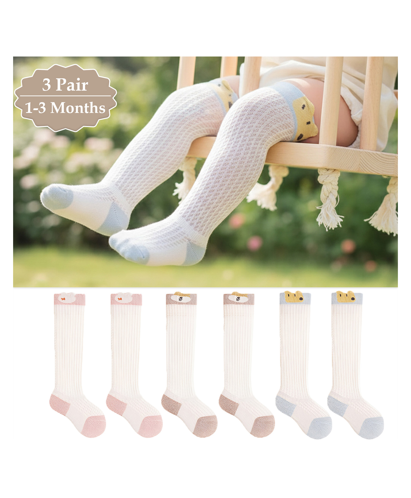 SYGA Set Of 3 Cotton Printed Socks - Pink & Khaki & Blue-image-27