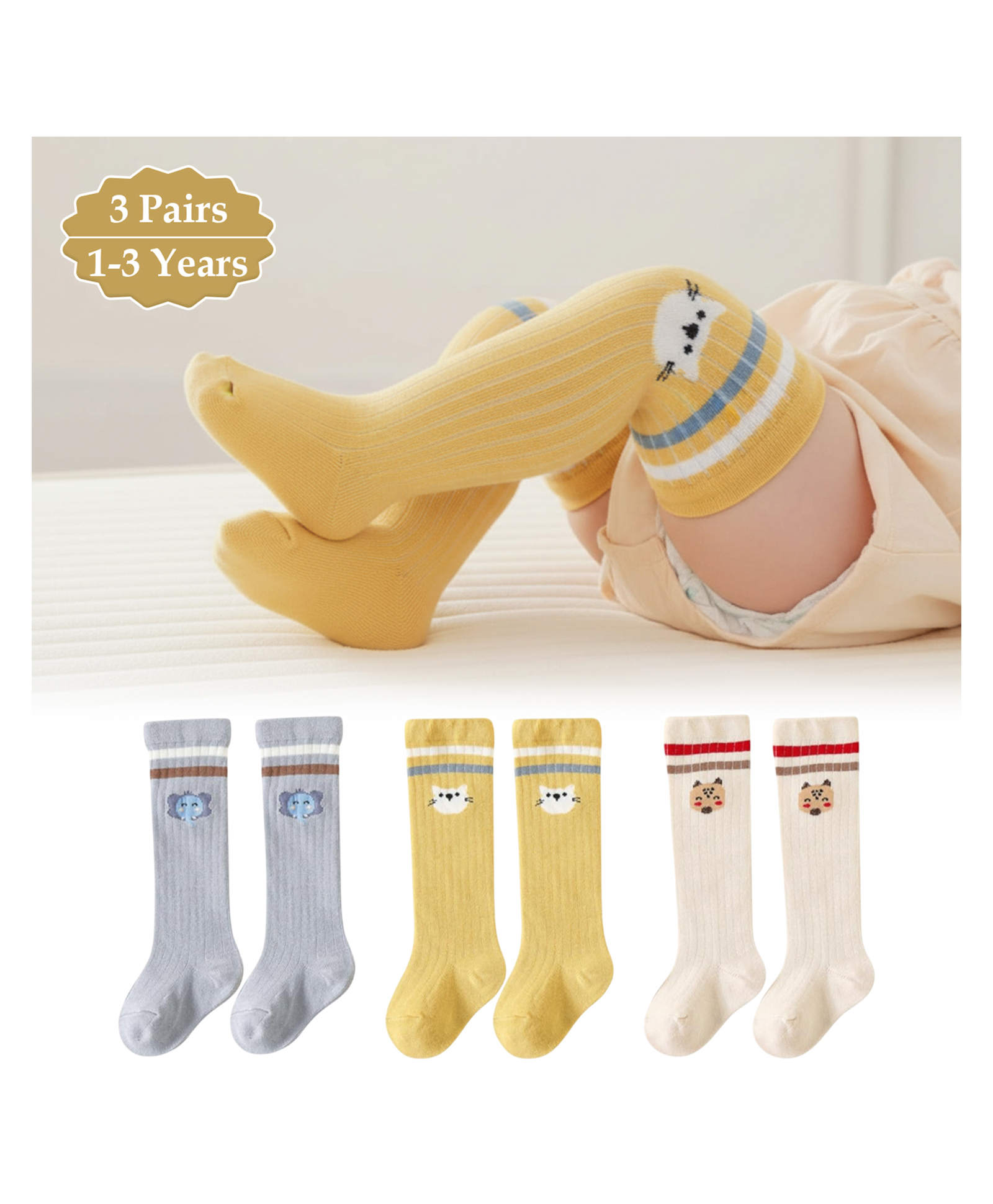 SYGA Set Of 3 Cotton Printed Socks- Light Blue & Light Khaki & Yellow-image-5