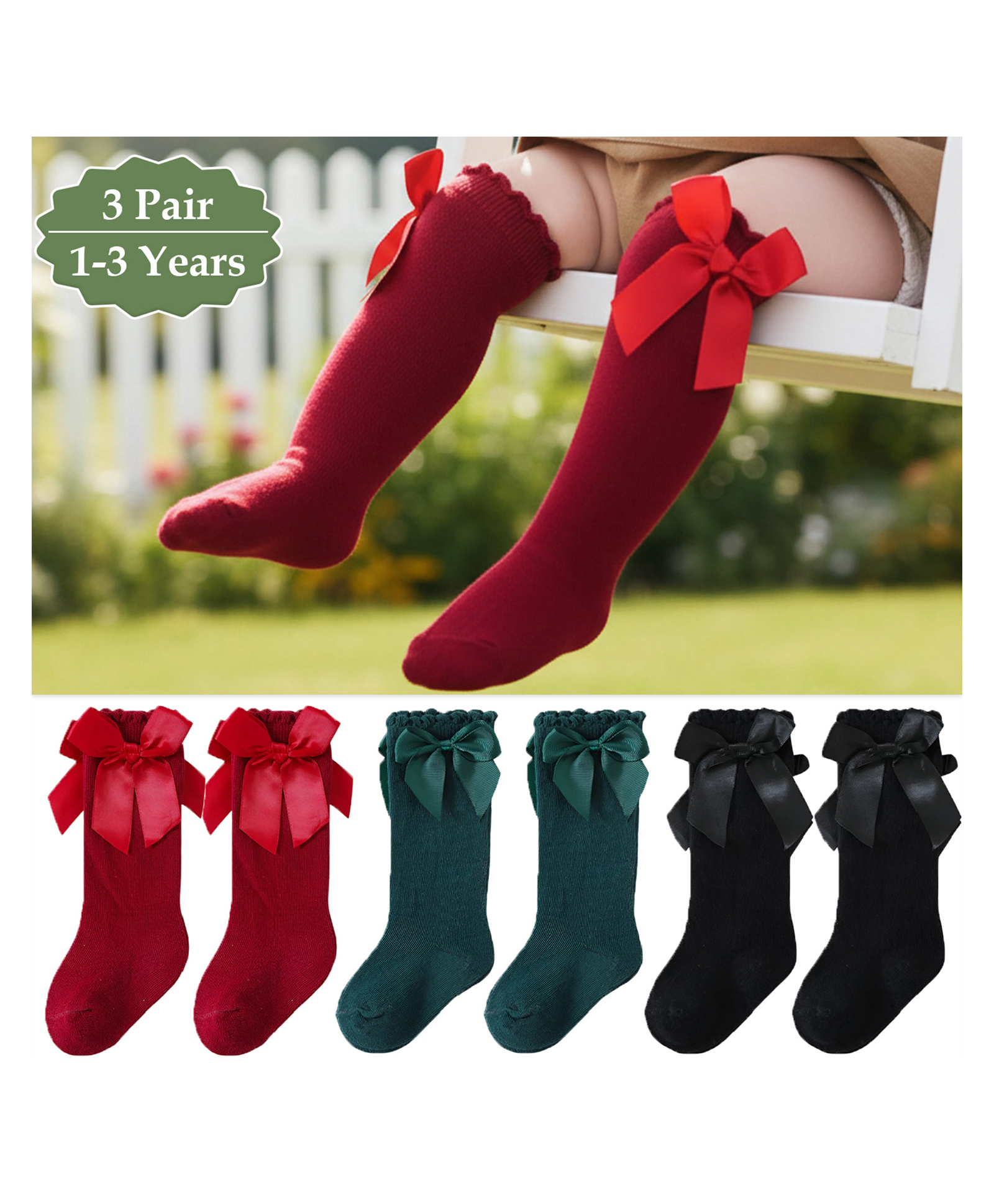 SYGA Set of 3 Cotton Solid Socks - Red &Green &Black-picture-19