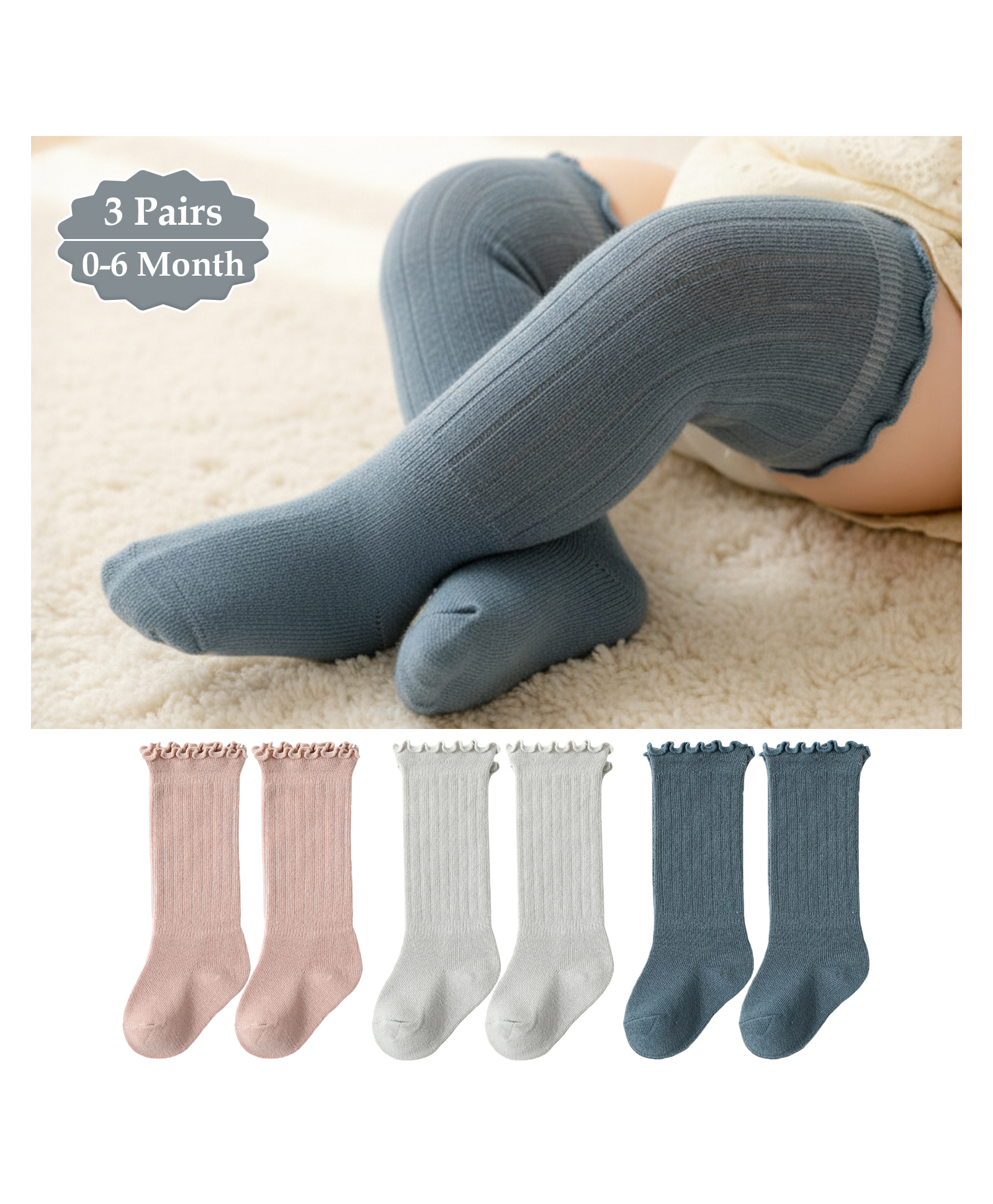 SYGA Set of 3 Cotton Solid Socks - Pink & Grey & Blue-picture-30