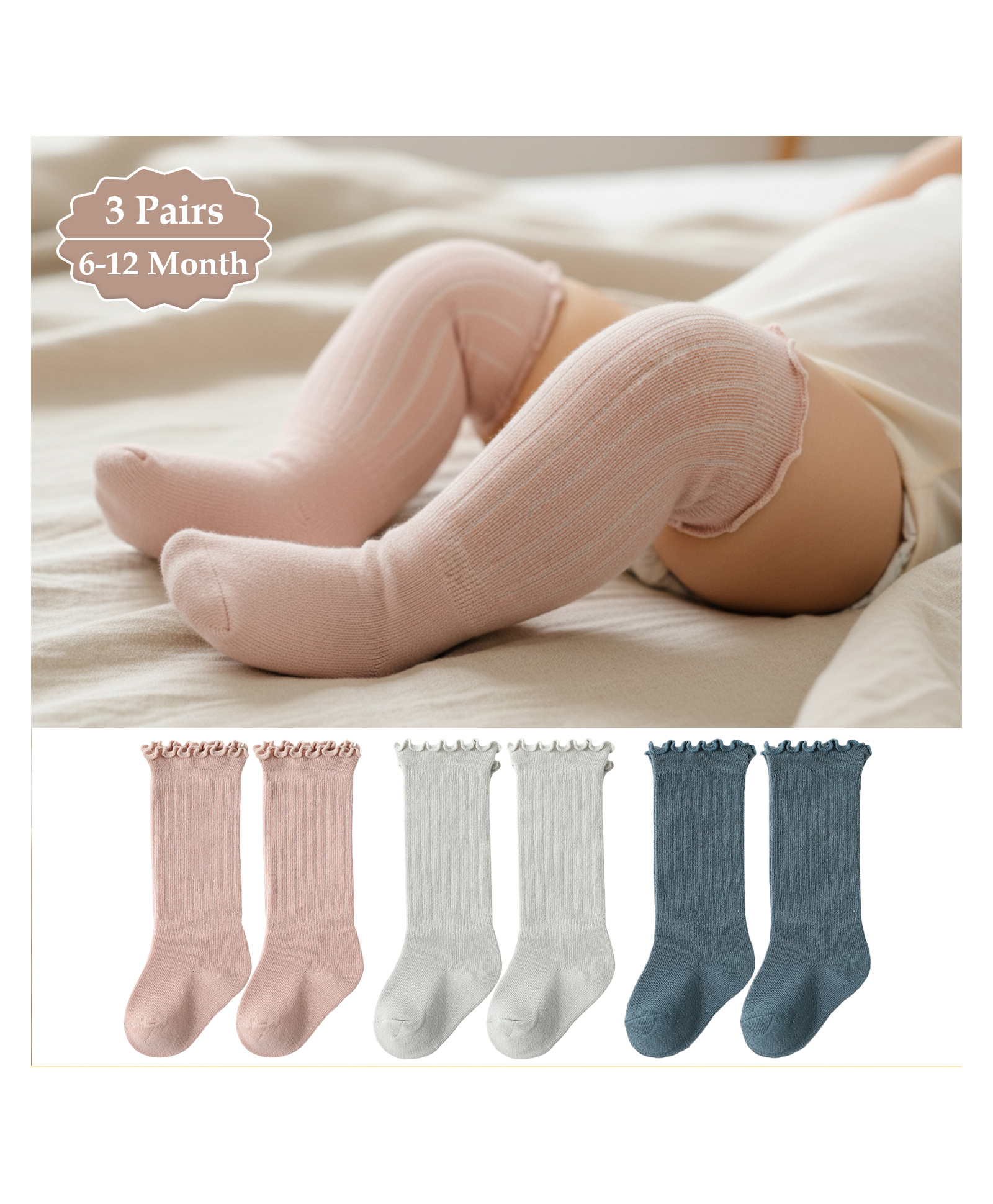 SYGA Set of 3 Cotton Solid Socks - Pink & Grey & Blue-picture-31