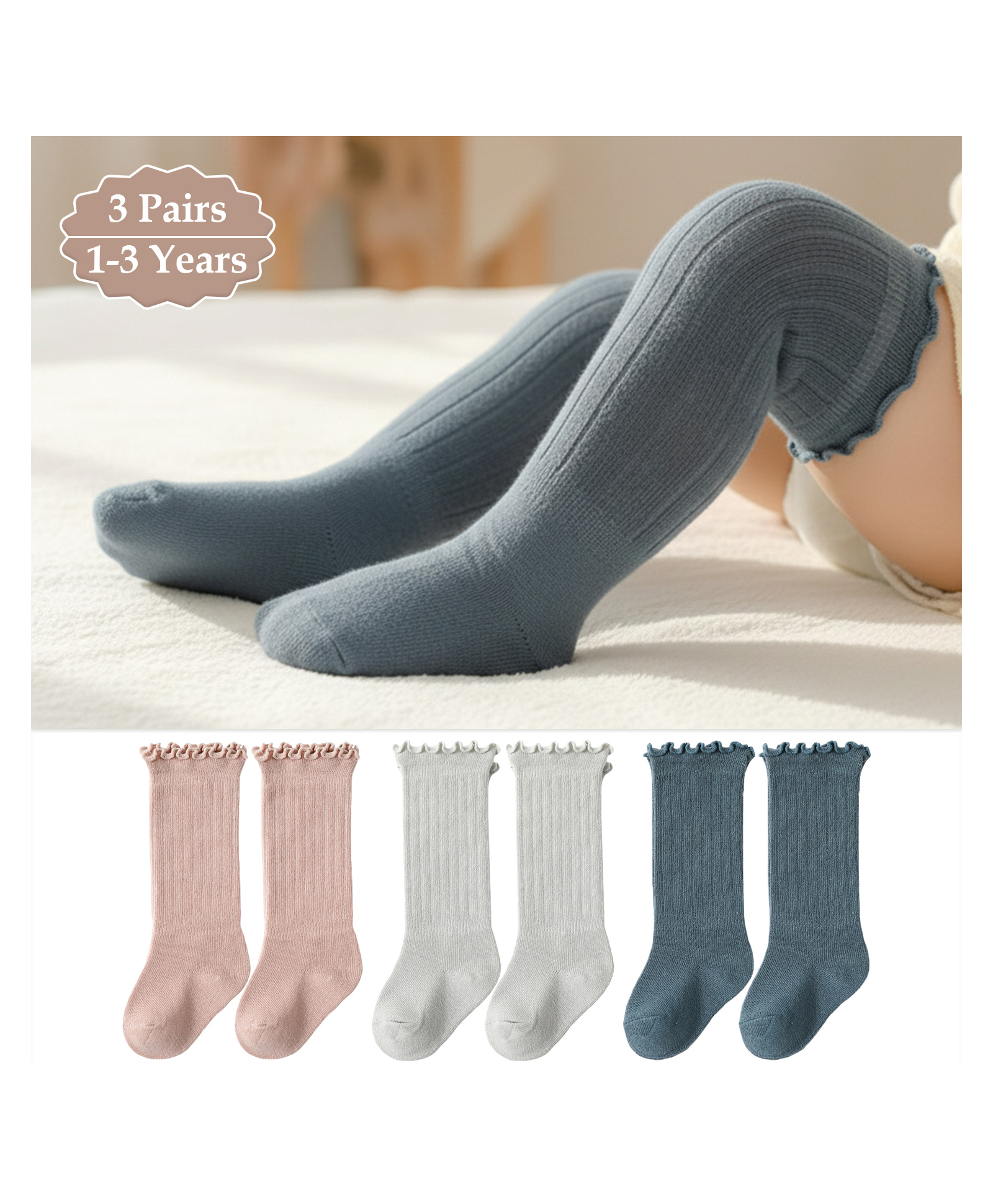 SYGA Set of 3 Cotton Solid Socks - Pink & Grey & Blue-picture-32