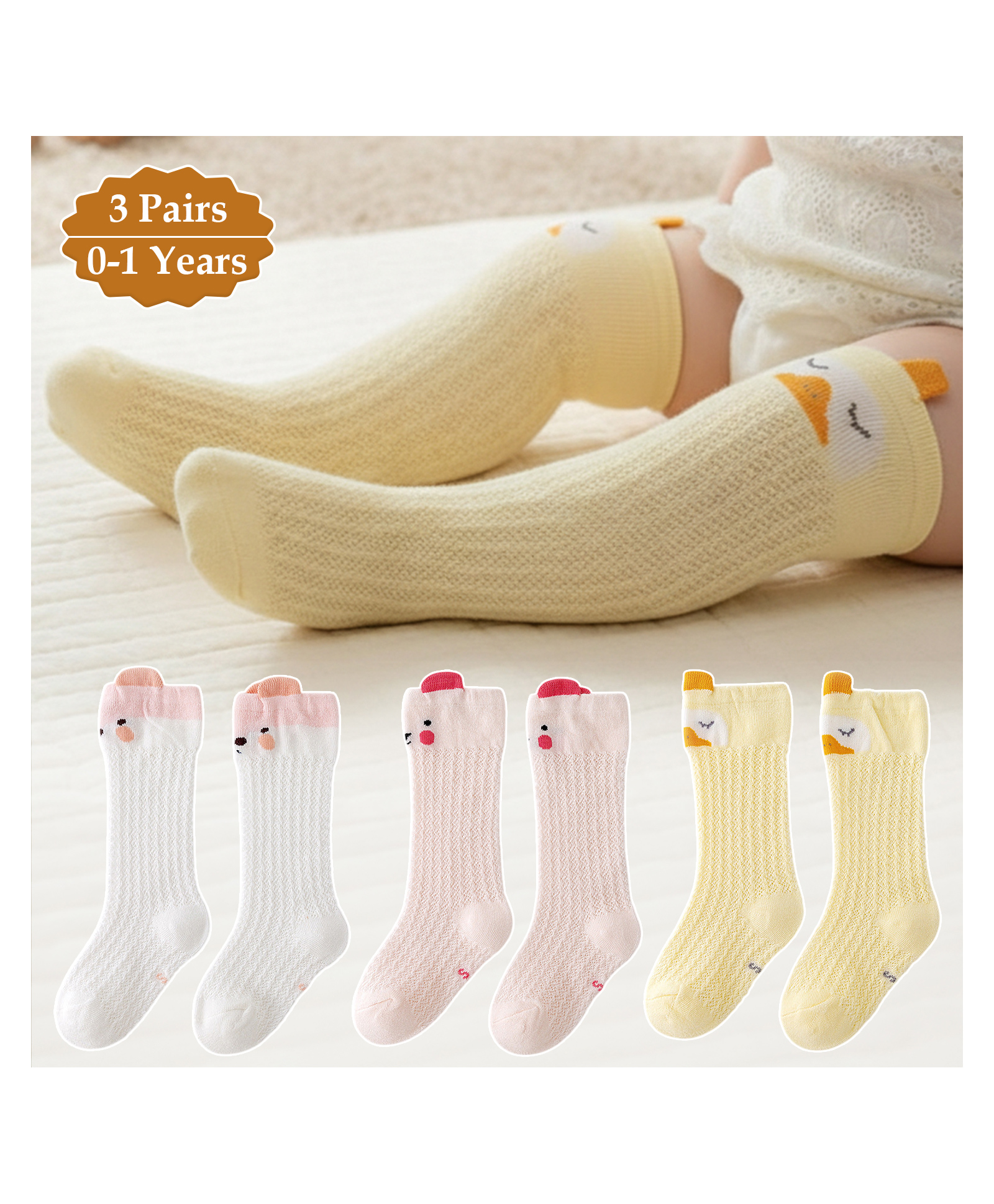 SYGA Set of 3 Cotton Knitted Socks - White & Pink & Yellow-picture-27