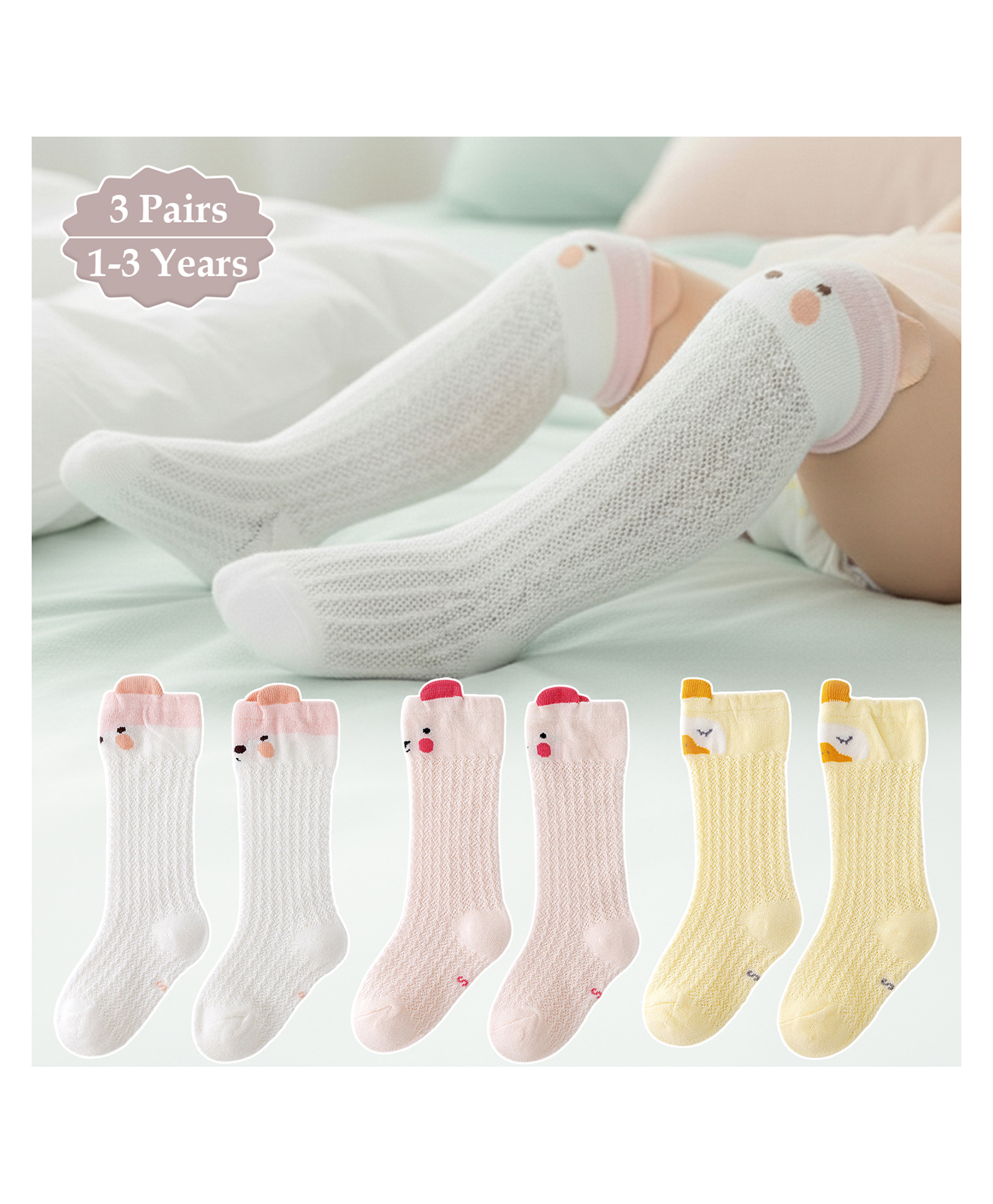 SYGA Set of 3 Cotton Knitted Socks - White & Pink & Yellow-picture-11
