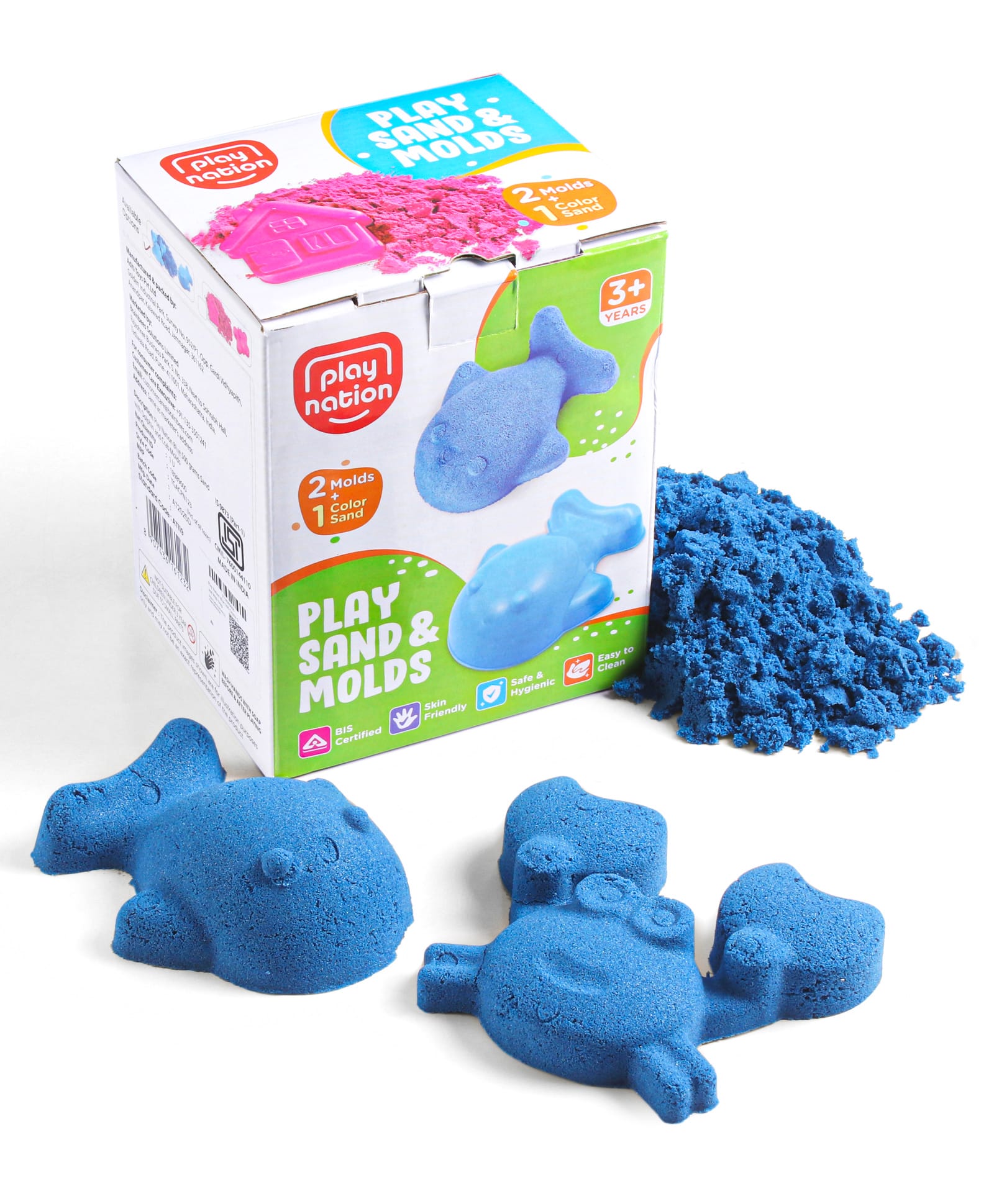 Play Nation 500 g Sand with House & Butterfly Molds| Improve Motor Skills| Creative and Fun Learning Toy for Kids with 2 Play Molds| Gifting Toy| BIS Certified - Blue