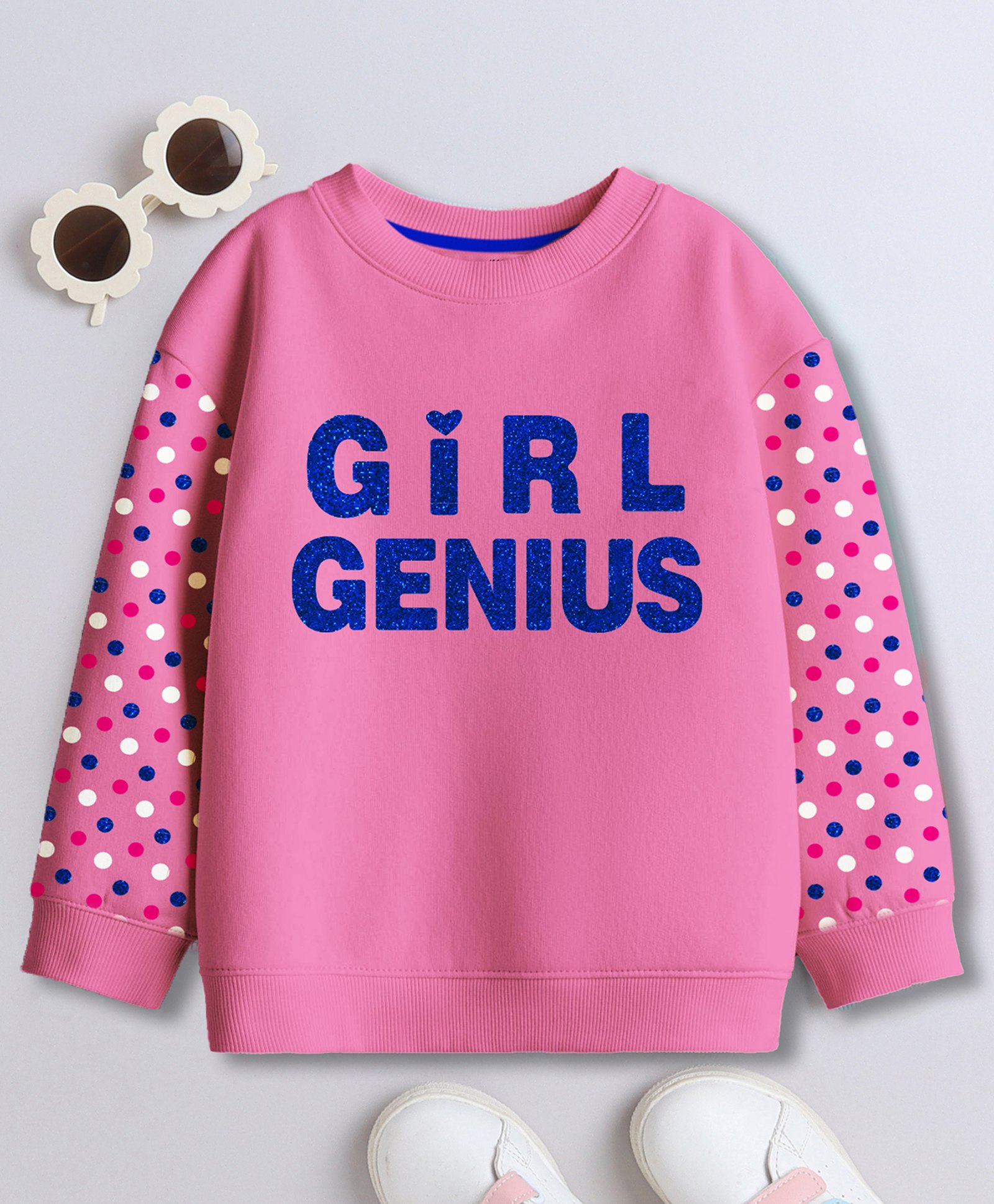 3PIN Cotton Full Sleeves Sweatshirts With Girl Genius Text & Polka Dot Printed - Pink-image-37