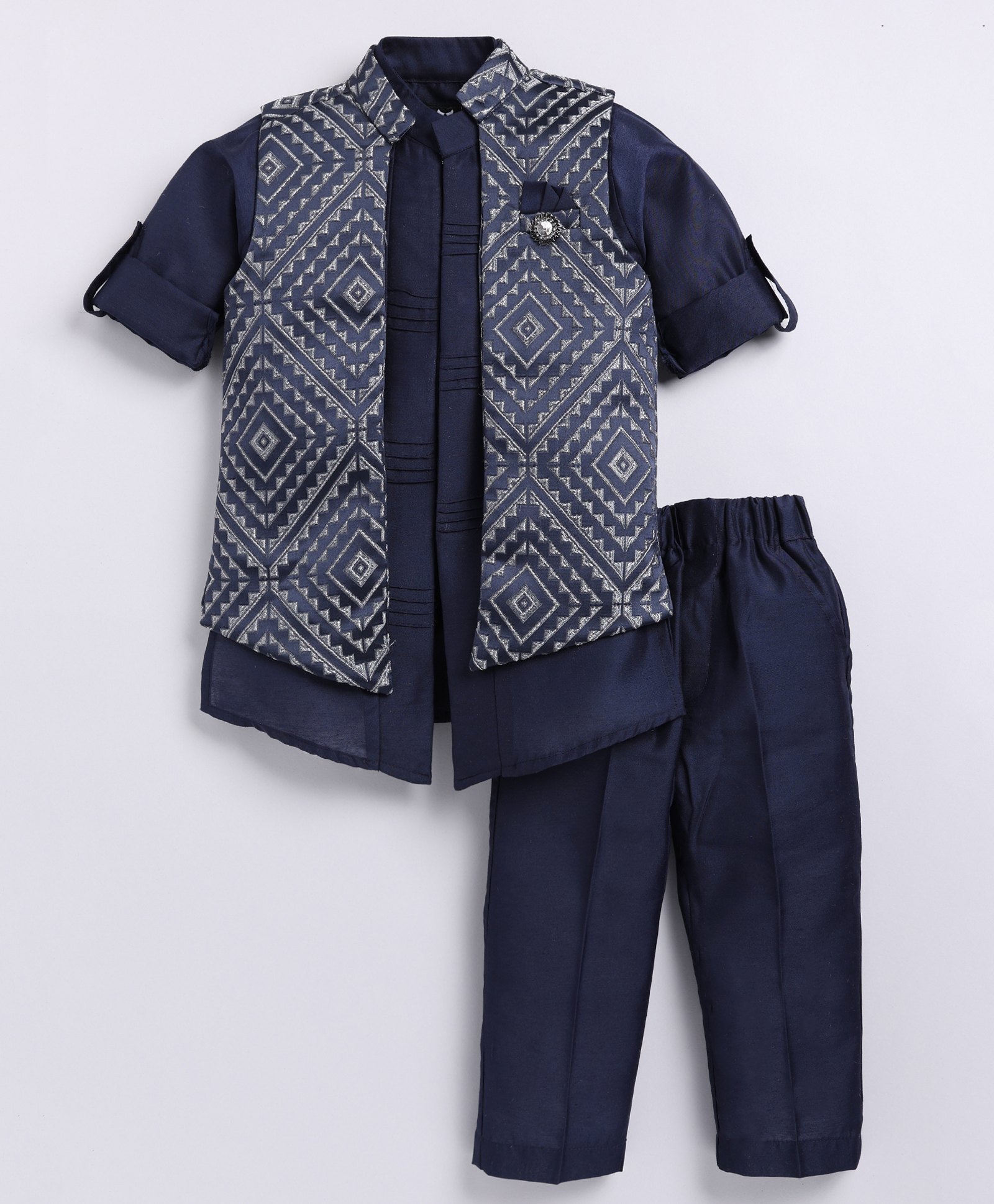 LITTLE COLLARS Full Sleeves Solid Kurta Pyjama With Abstract Embroidered Jacket - Navy Blue-image-44