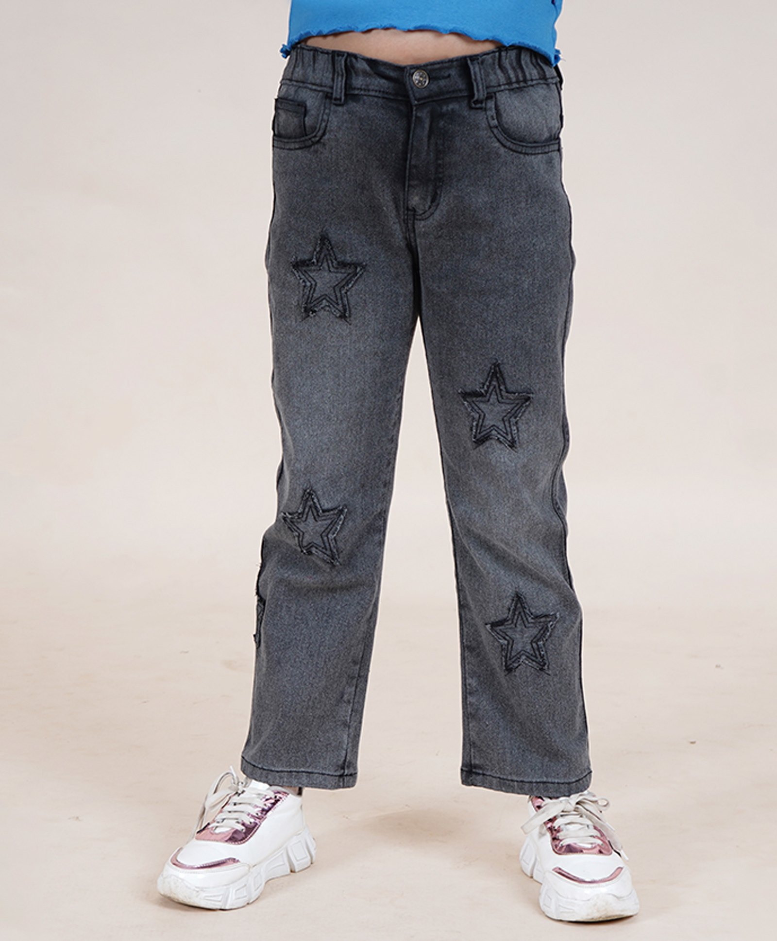 Kiddopanti Full Length Frayed Star Patch Washed Denim Jeans With Elasticated Waistband - Black-picture-13