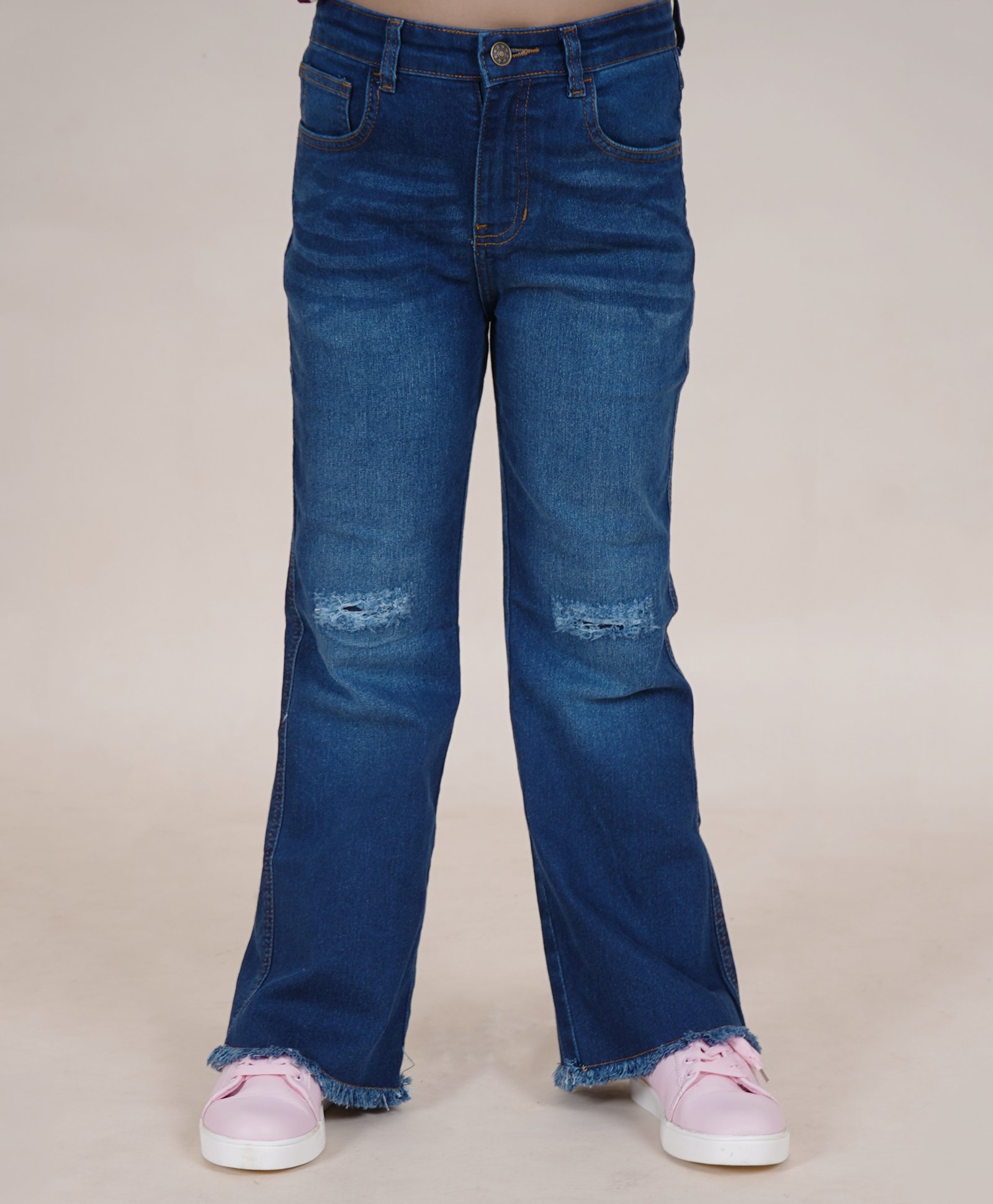 Kiddopanti Bottom Flared Knee Distress Stretchable Denim Jeans With Adjustable Elastic Waist - Dark Wash Blue-picture-23
