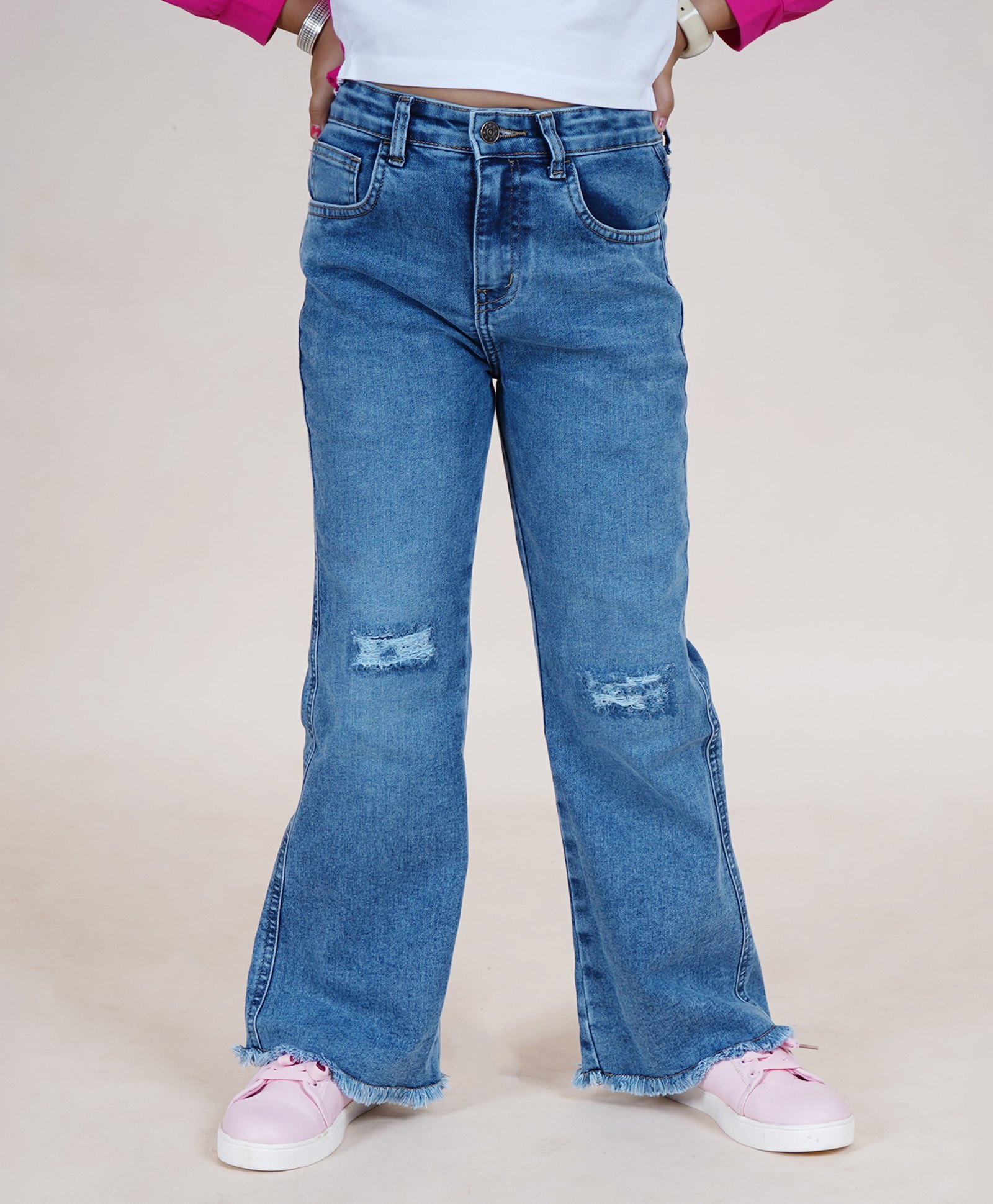 Kiddopanti Bottom Flared Knee Distress Stretchable Denim Jeans With Adjustable Elastic Waist - Mid Rag Wash Blue-picture-26