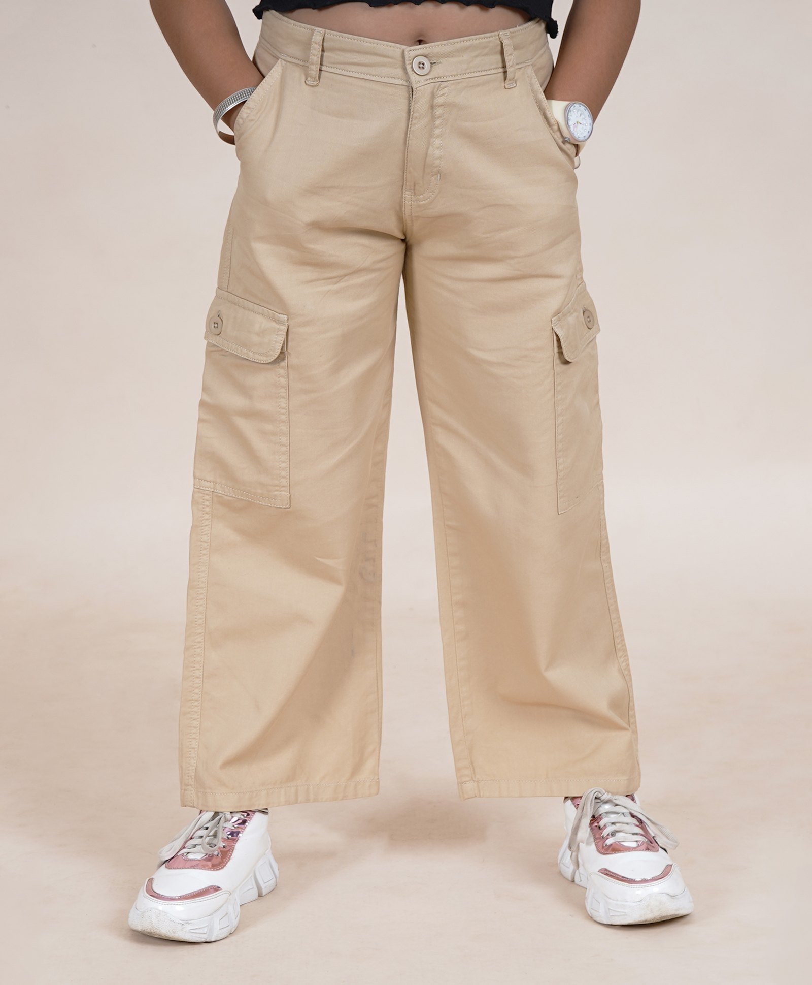 Kiddopanti Cotton Full Length Straight Fit Cargo Pant - Beige-picture-16