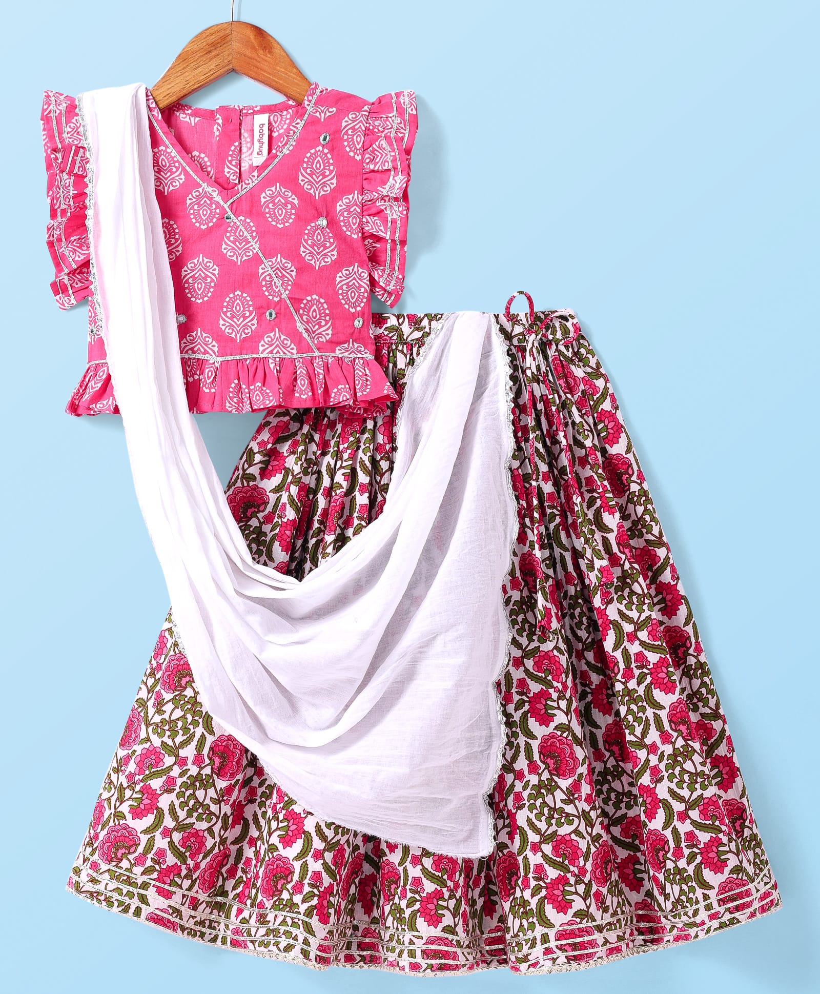 Babyhug Cotton Woven Frilled Sleeves Floral Printed Choli Lehenga Set with Dupatta - White & Pink-image-6