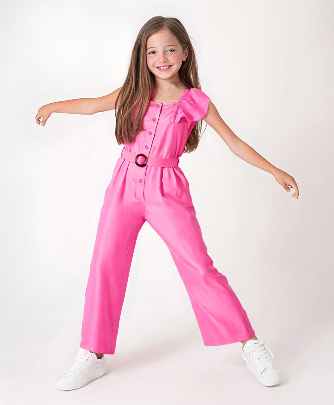 Primo Gino 100%Viscose Woven Frill Sleeves Solid Colour Jumpsuit with Fabric Belt - Dark Pink-image-21