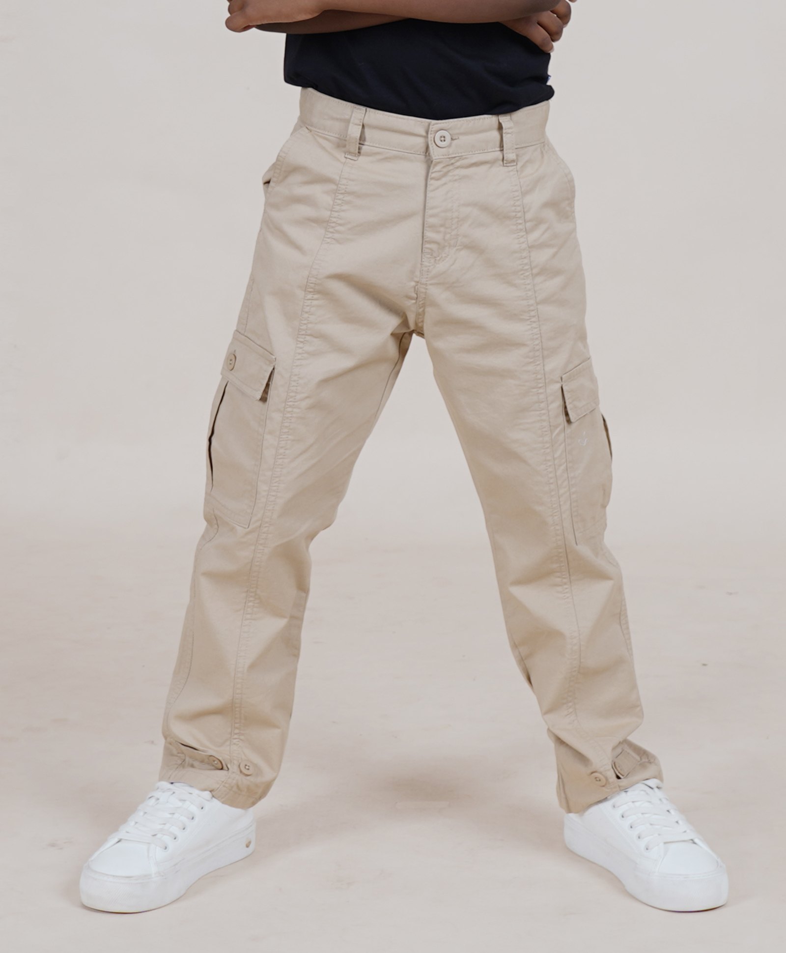 Kiddopanti Cotton Full Length Front Cut & Sew Cargo Pant With Bottom Tab - Beige-picture-17