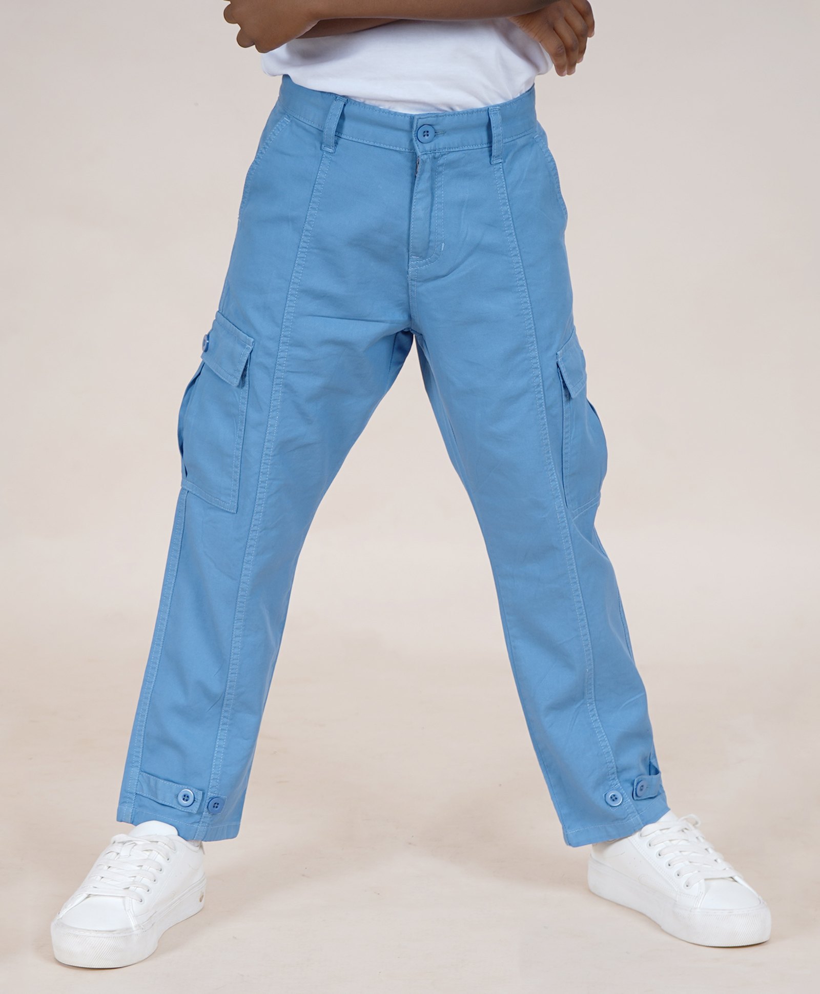Kiddopanti Cotton Full Length Front Cut & Sew Cargo Pant With Bottom Tab - Light Blue-picture-10