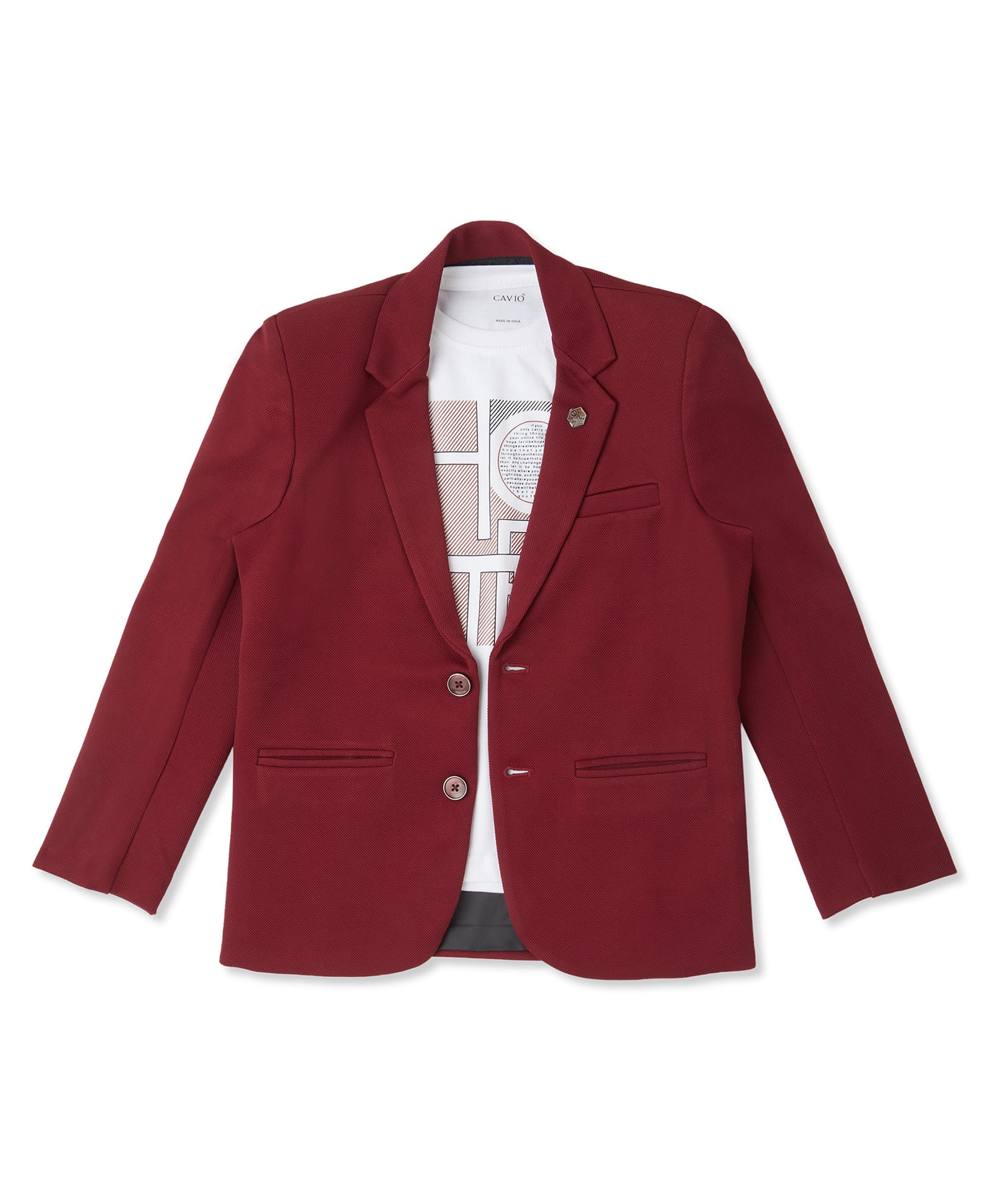 CAVIO Full Sleeves Solid Blazer With Text Printed Tee Set - Maroon-picture-27