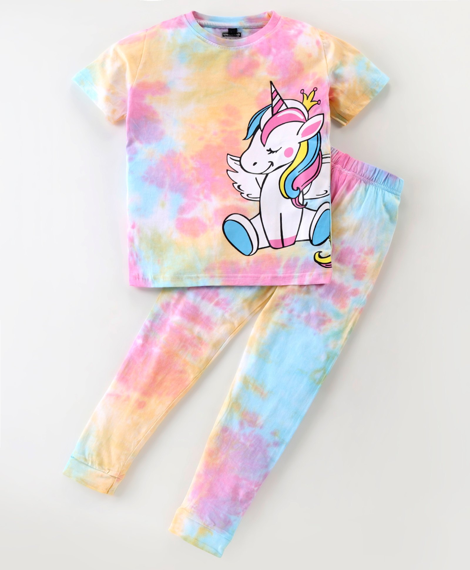 Unicorns Cotton Half Sleeves Unicorn Printed Tie Dye Coordinating Tee & Pajama Set - Multi Colour-image-3