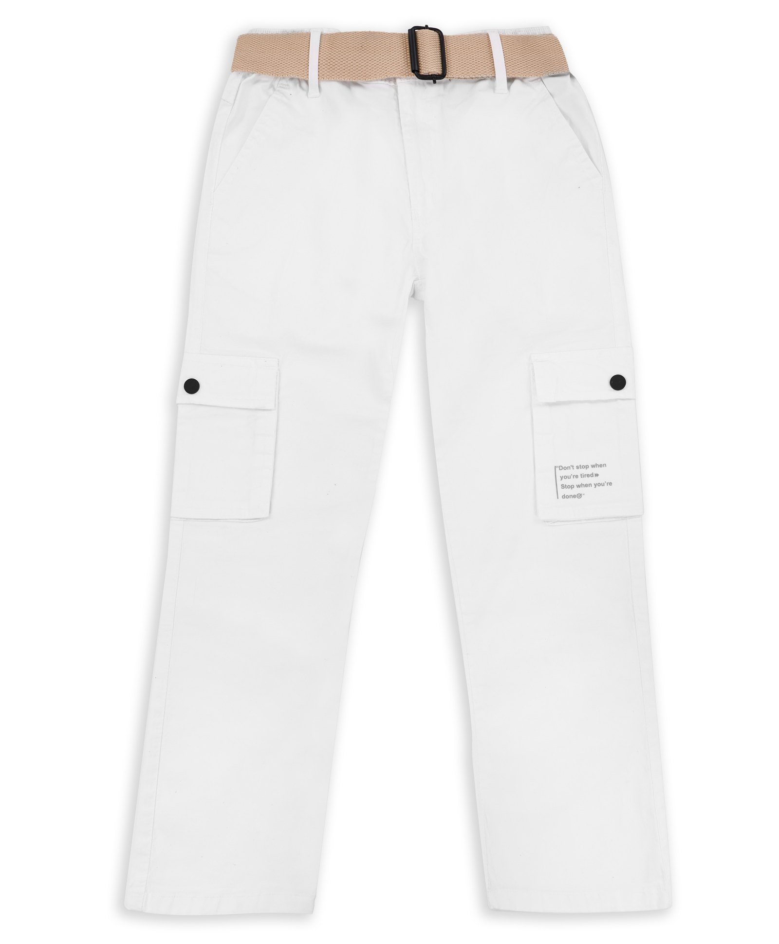 CAVIO Cotton Dont Stop Text Printed Cargo Trousers With Belt - White-picture-21