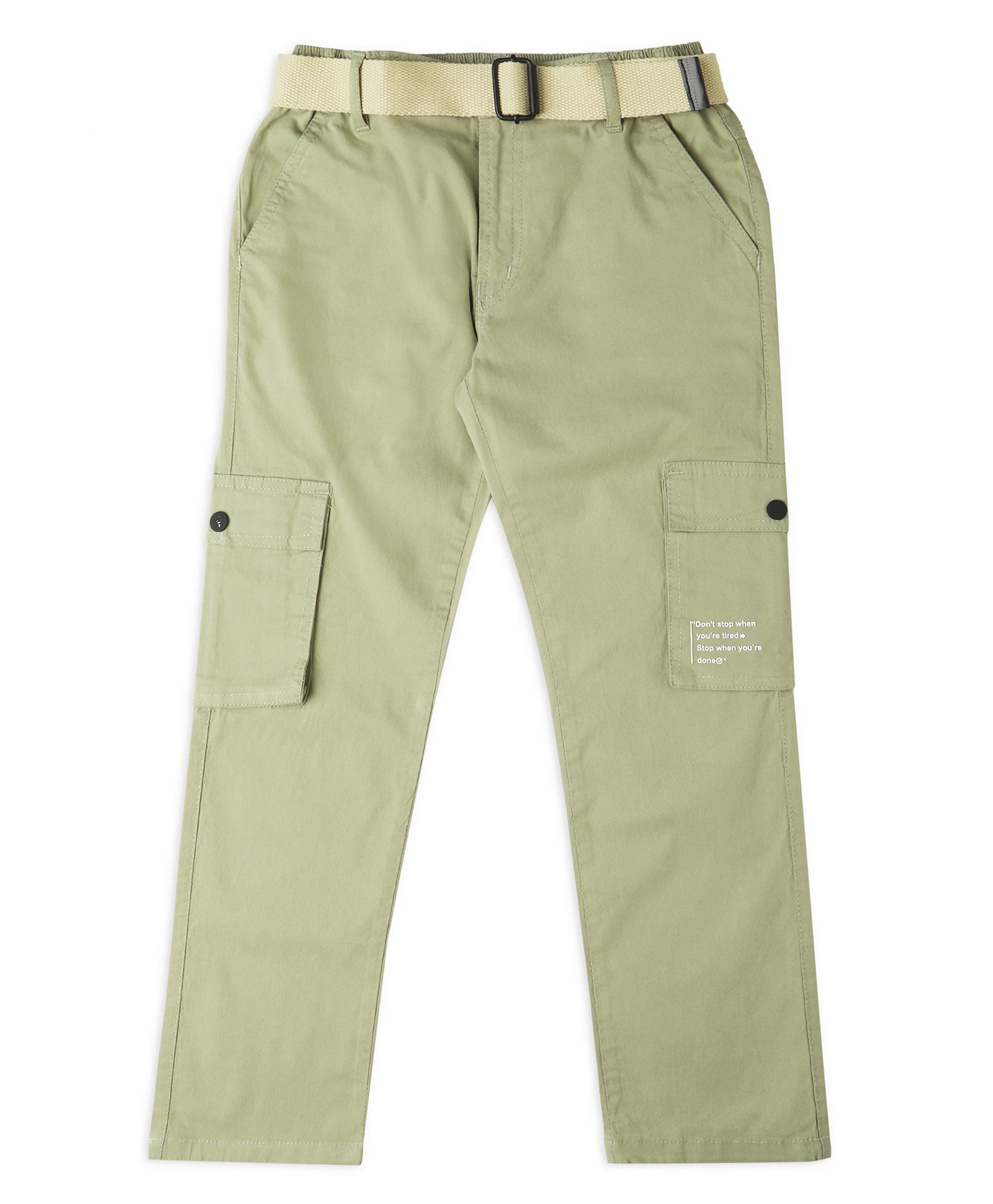 CAVIO Cotton Dont Stop Text Printed Cargo Trousers With Belt - Light Green-picture-10
