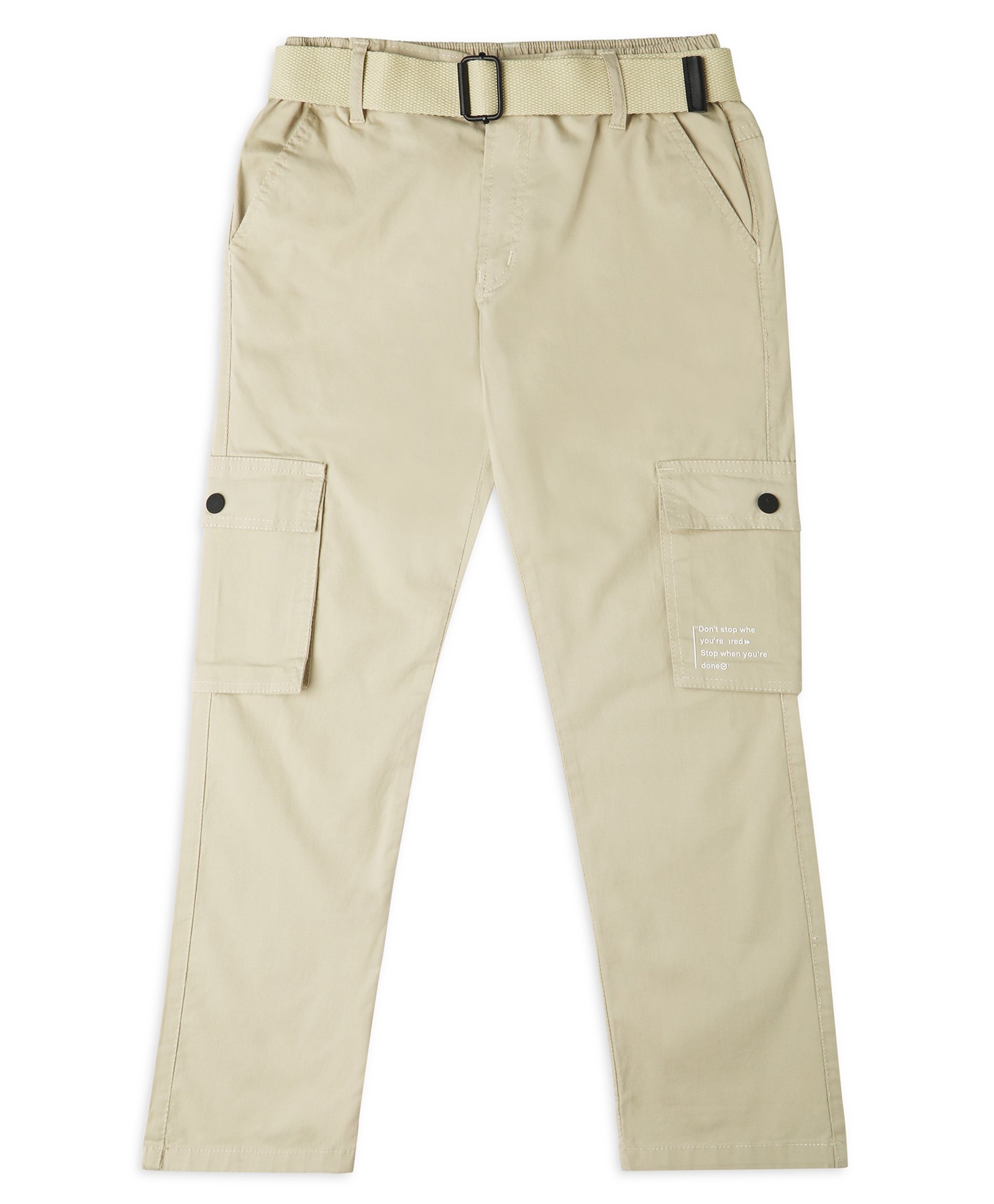 CAVIO Cotton Dont Stop Text Printed Cargo Trousers With Belt - Cream-picture-27