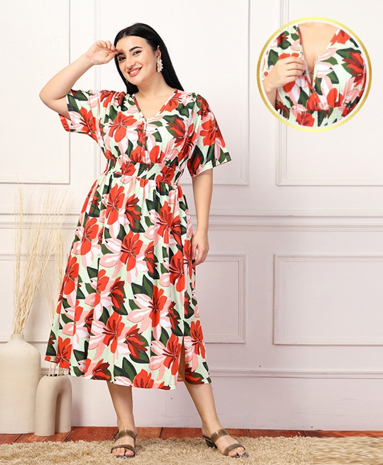 Zelena 100% Cotton Half Sleeves Floral Printed Zipless Feeding Dress With Pockets - Multi Colour-picture-7