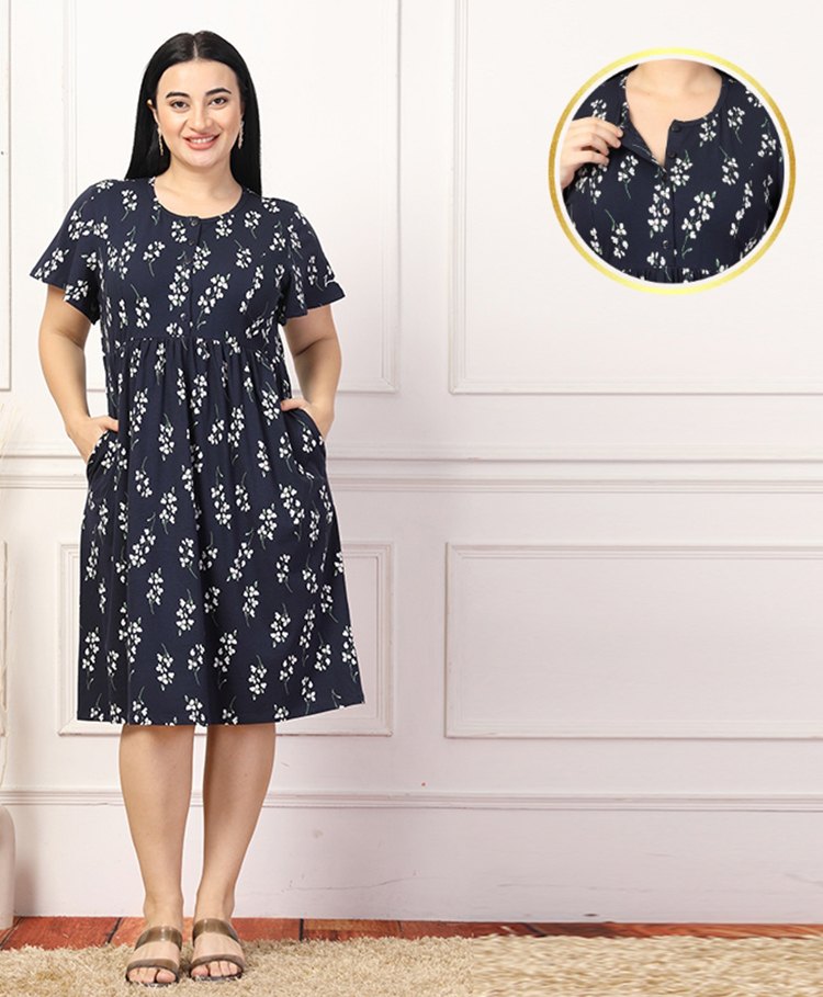 Zelena 100% Cotton Half Sleeves Floral Printed Zipless Front Open Feeding Dress - Navy Blue-image-47