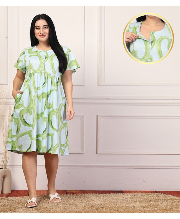 Zelena 100% Cotton Half Sleeves Hearts Printed Zipless Feeding Front Open Dress With Pockets - Light Green-image-27