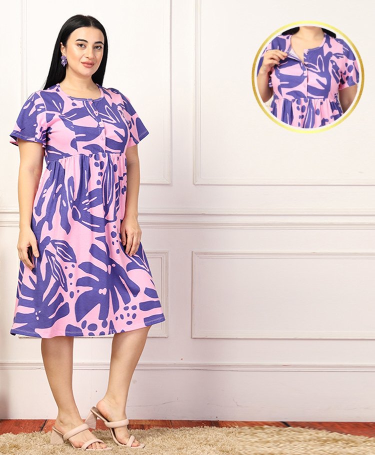Zelena 100% Cotton Half Sleeves Leaves Printed Maternity Dress With Nursing Access - Pink & Purple-image-28