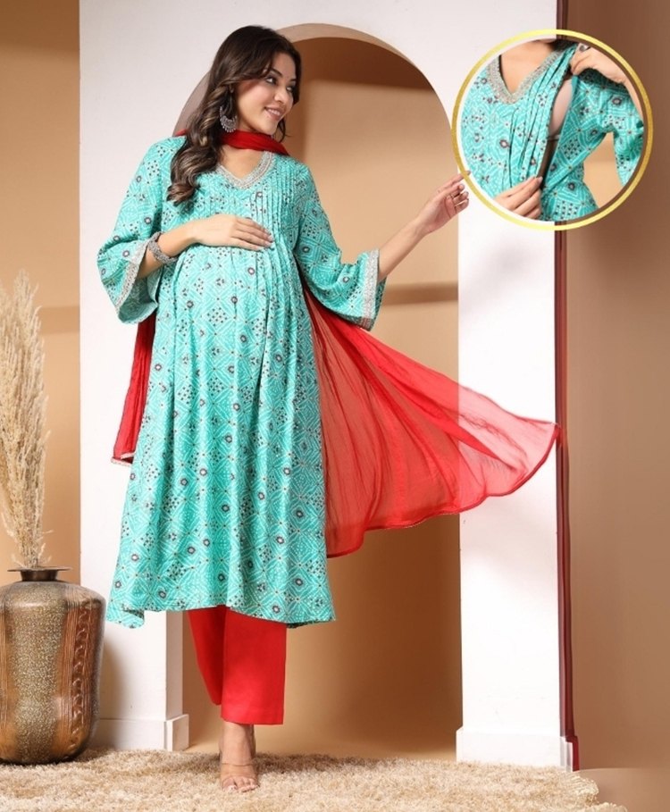 Zelena 100% Rayon Three Fourth Bell Sleeves Floral & Bandhani Printed & Lace Embellished Maternity Kurta With Nursing Access & Salwar With Dupatta Set - Turquoise-image-16