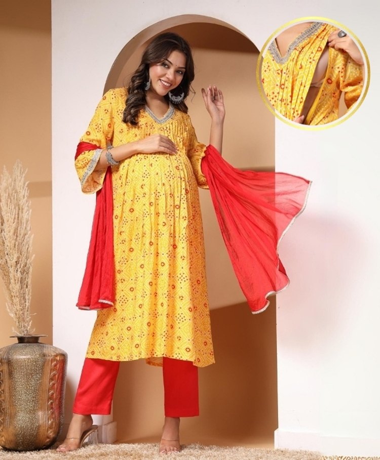 Zelena 100% Rayon Three Fourth Bell Sleeves Floral & Bandhani Printed & Lace Embellished Maternity Kurta With Nursing Access & Salwar With Dupatta Set - Yellow-image-20