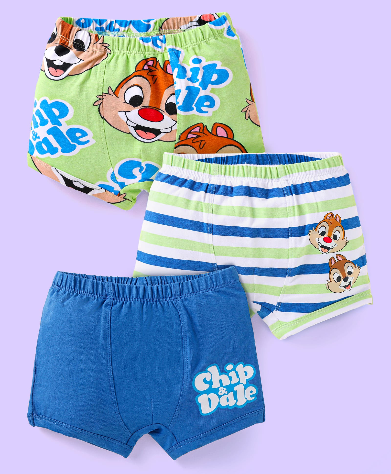 Babyhug Disney Cotton Knit Trunks With Chip N Dale Graphics Pack of 3 - Green & Blue-image-19