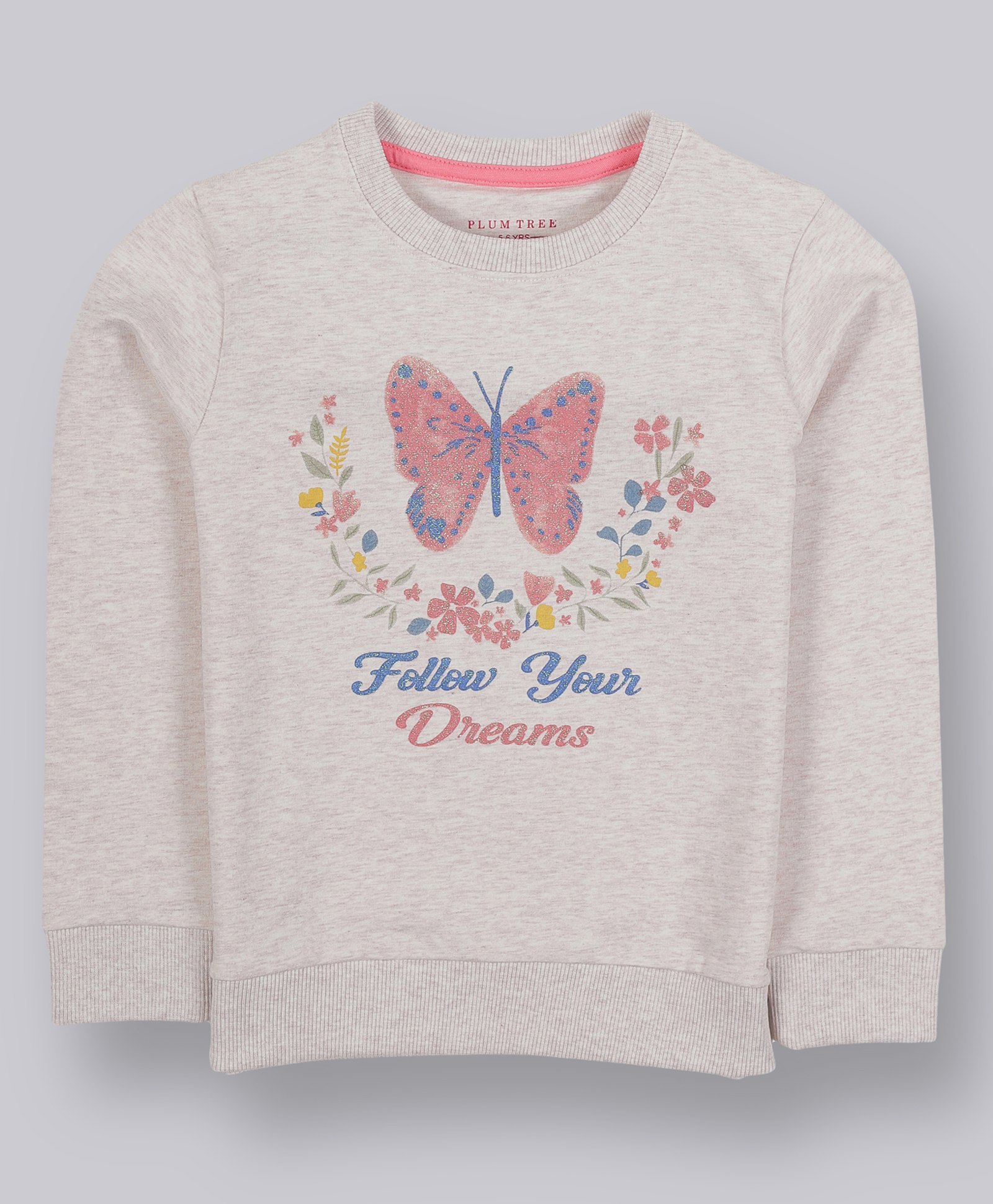 Plum Tree Cotton Full Sleeves Butterfly & Floral Glitter Printed Sweatshirt - Peach-picture-16