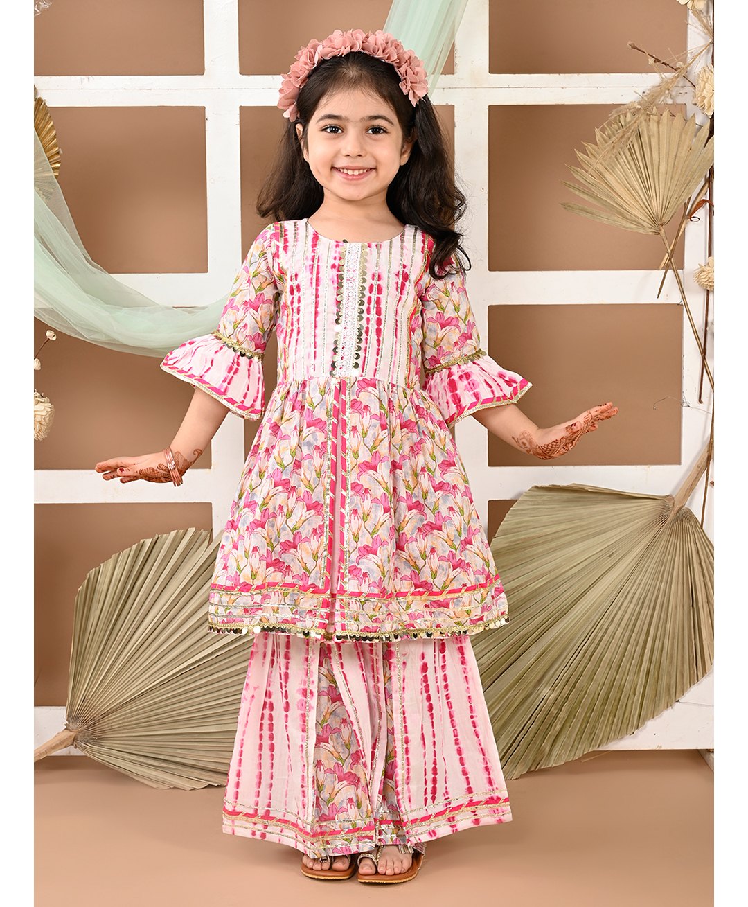 LIL PITAARA Pure Cotton Half Bell Sleeves Floral Printed & Gota Lace Embellished Kurta & Coordinating Sharara Set - Pink-picture-37