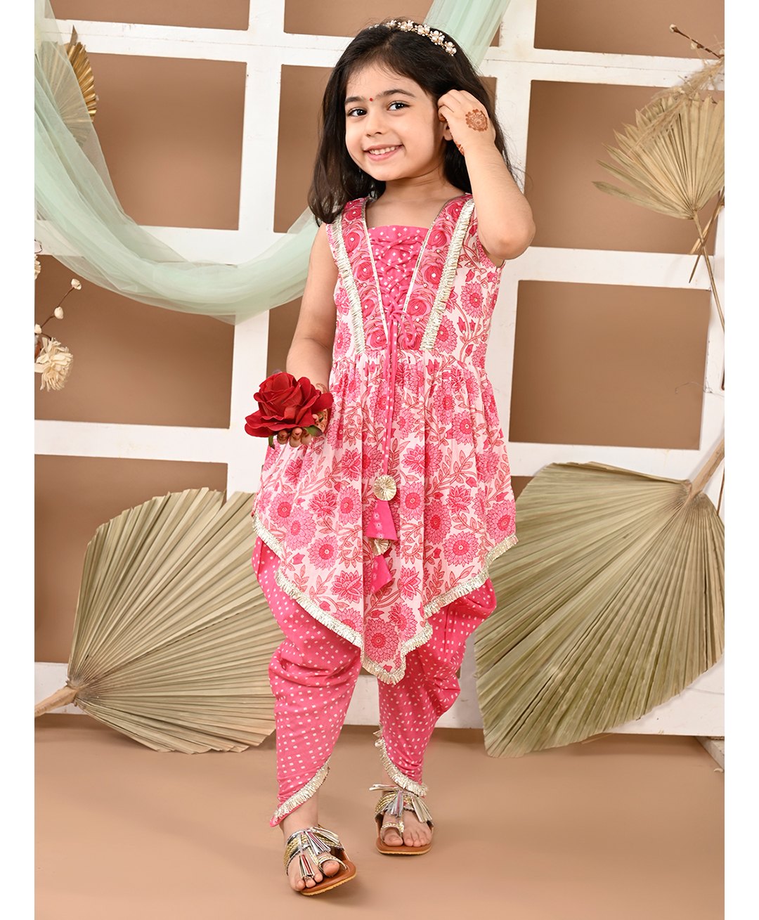 LIL PITAARA Pure Cotton Sleevesless Floral Printed & Gota Lace & Tassel Embellished Kurta & Dhoti Set - Pink-picture-33